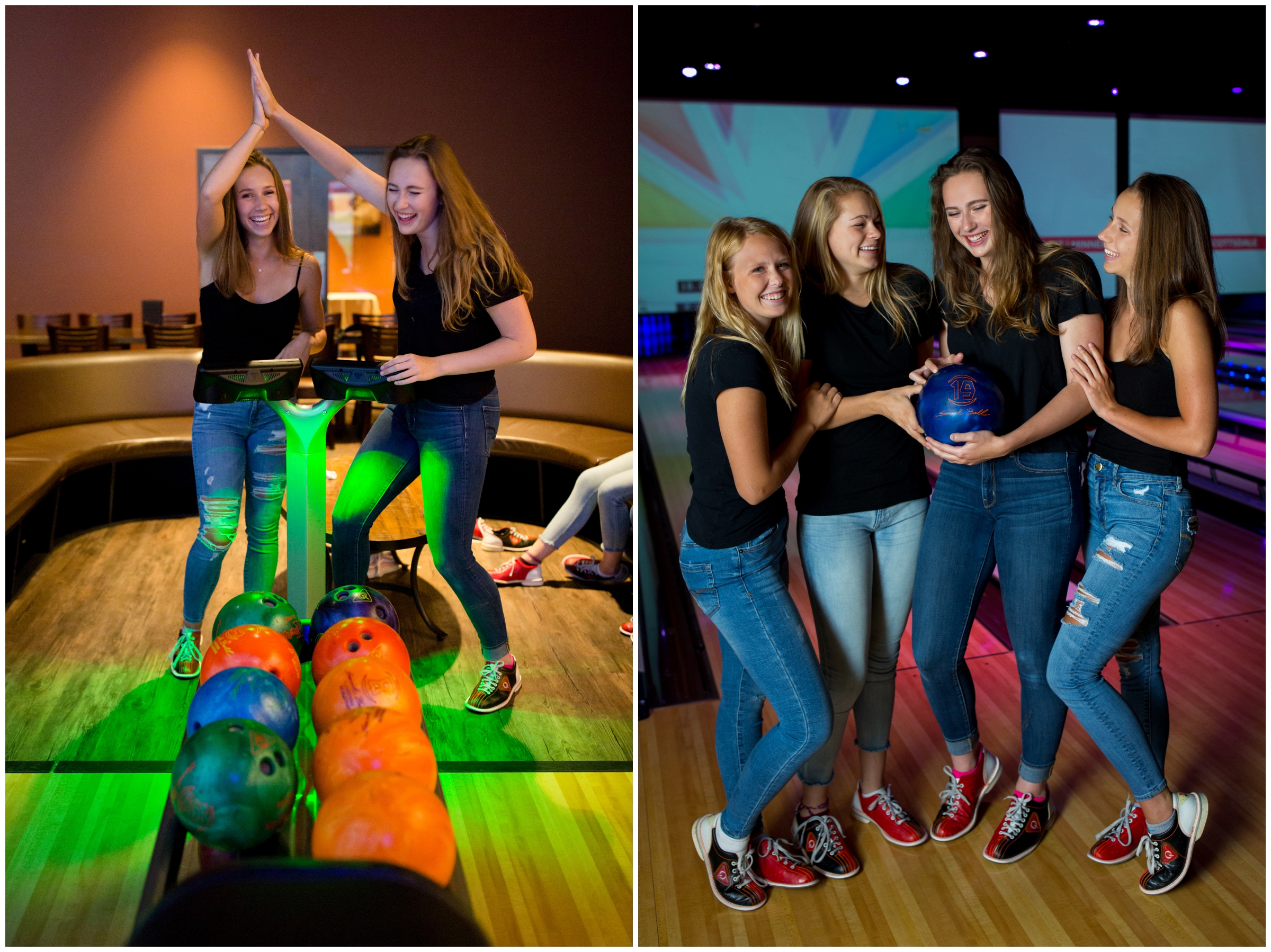 Bowling and silly string group senior pictures by award-winning Colorado senior photographers Plum Pretty Photography. Longmont portrait photographer.