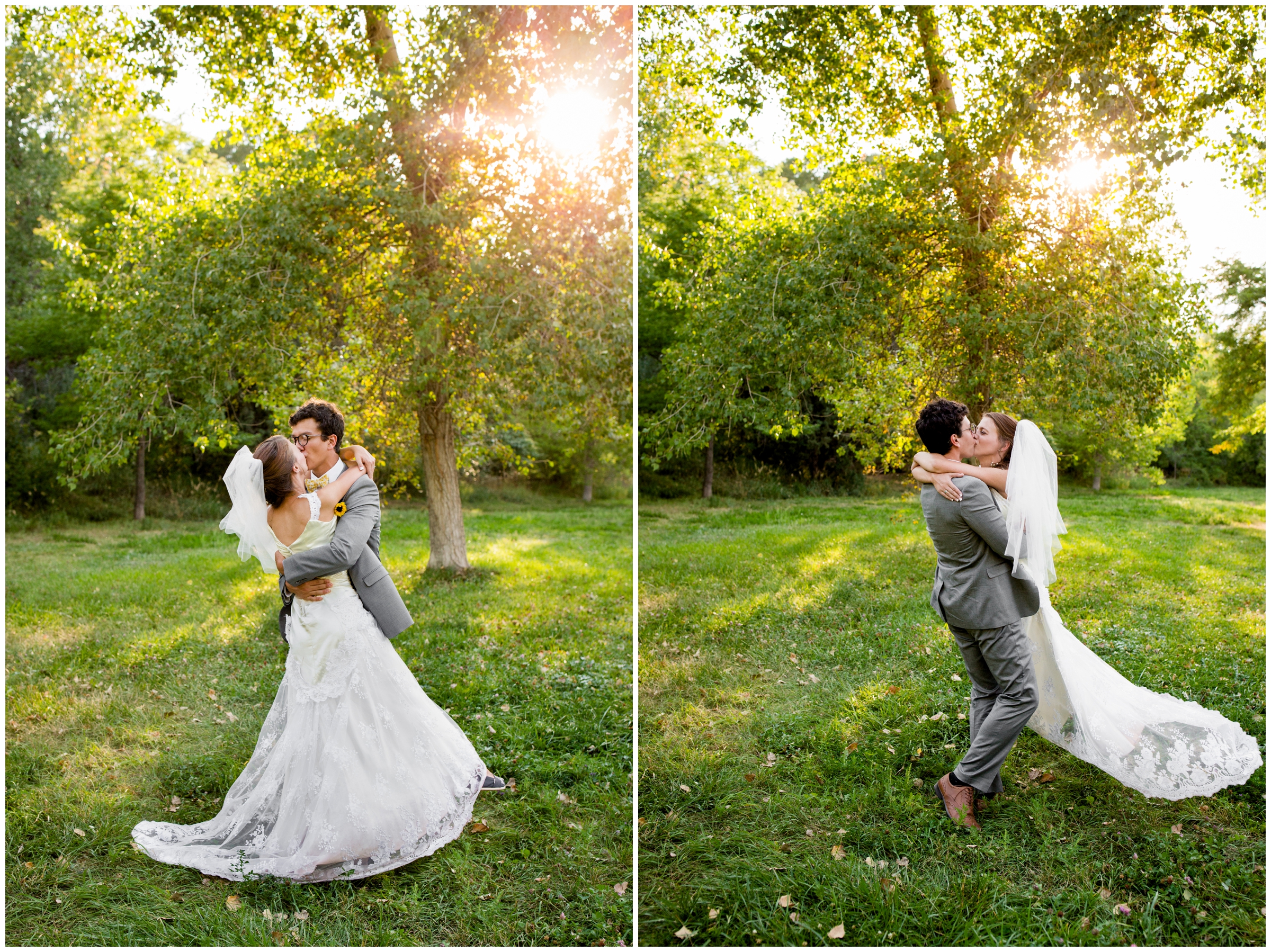groom spinning bride in Golden park during Colorado wedding pictures 