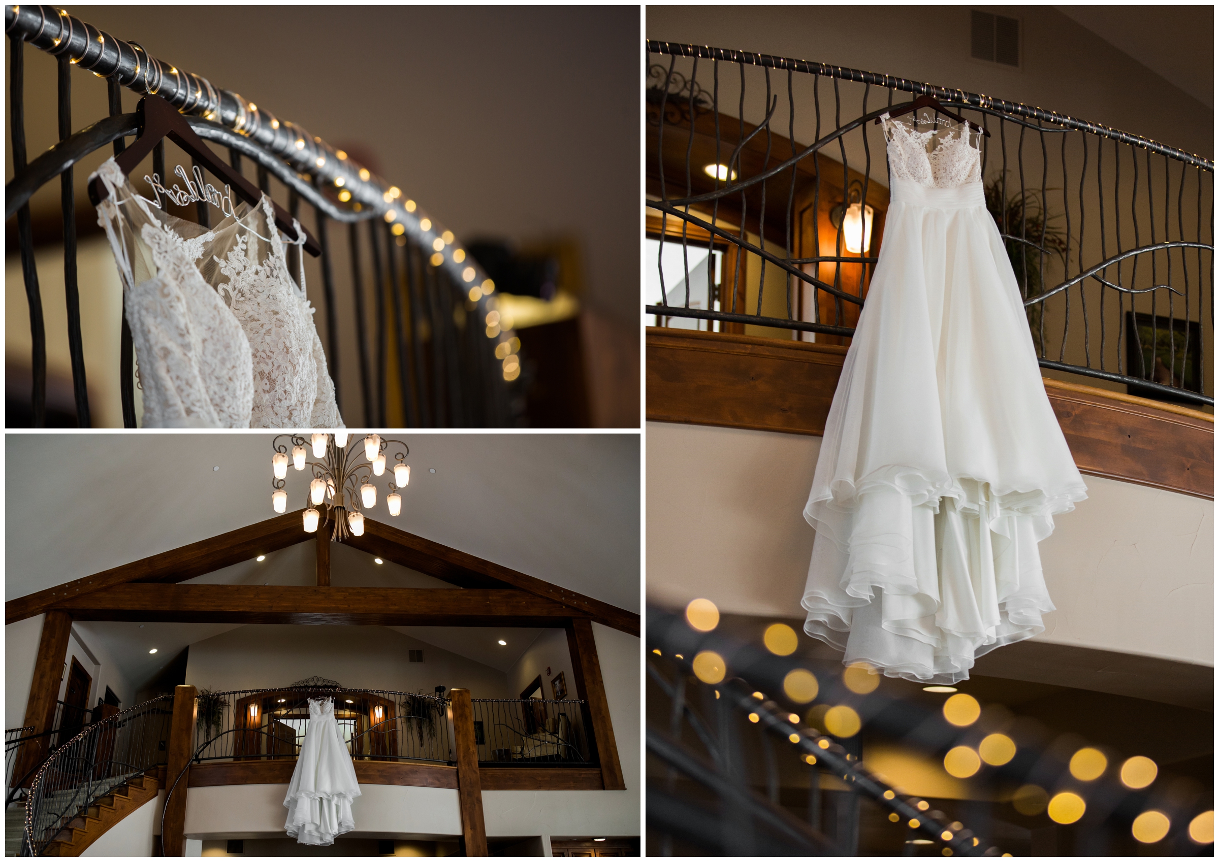 wedding dress hanging from banister at Cielo at Castle Pines 