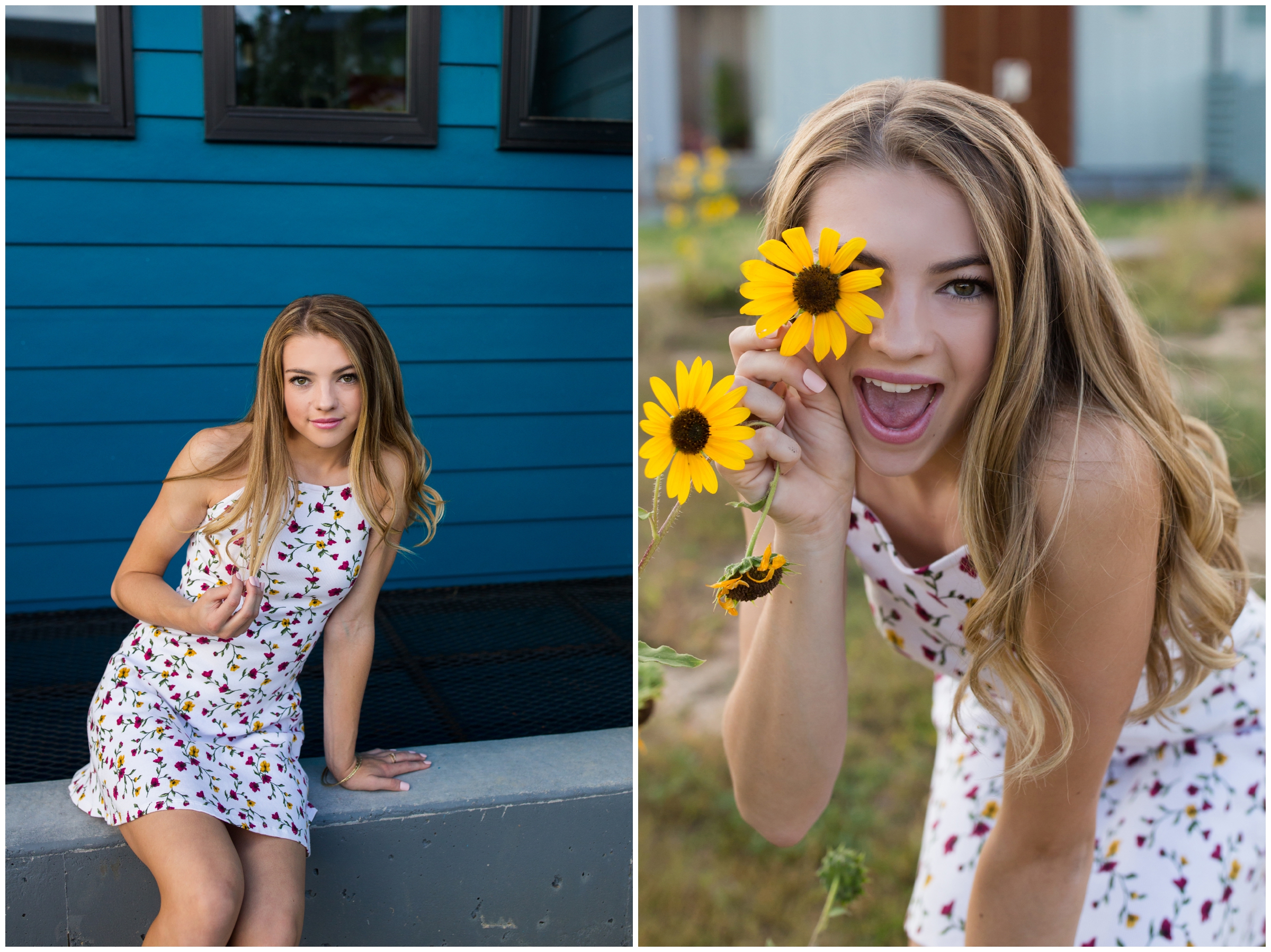 teen girl with sunflower over eye at Frederick High senior pictures in Prospect New Town Longmont 