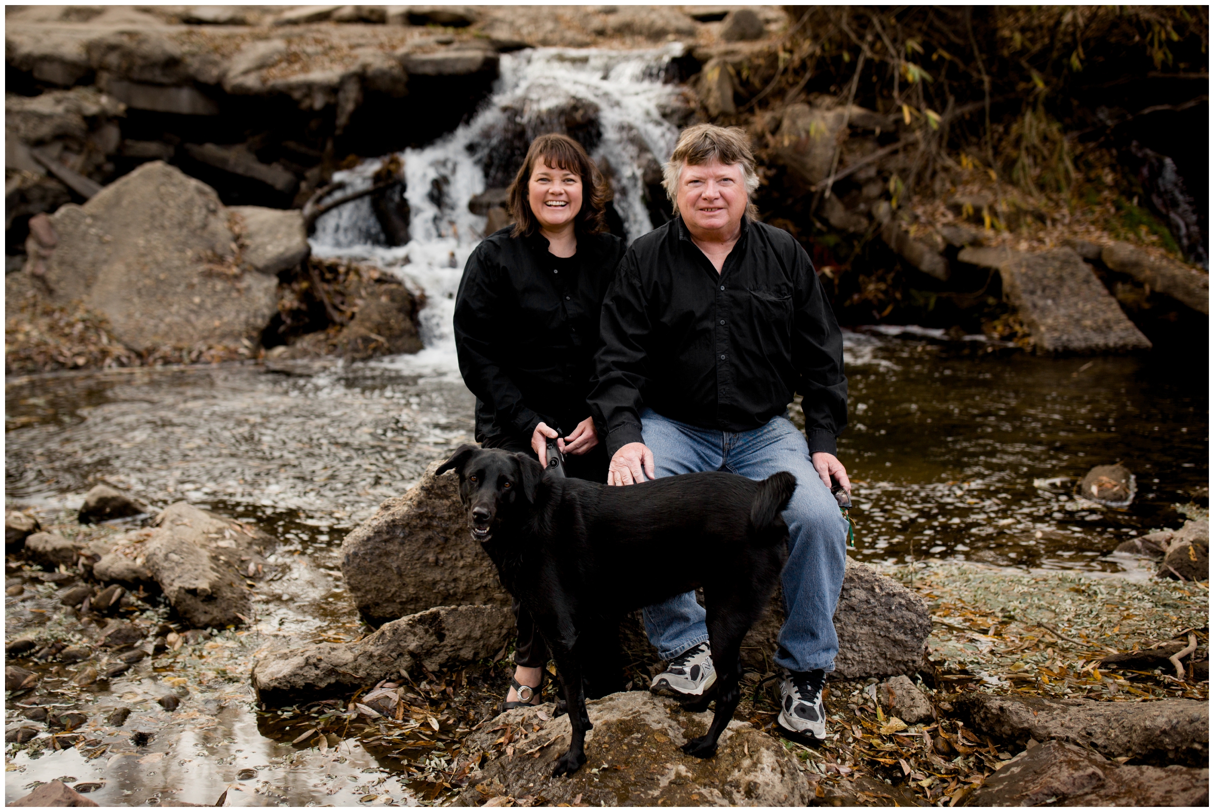 couple posing with dog at Golden Ponds Longmont family photos 