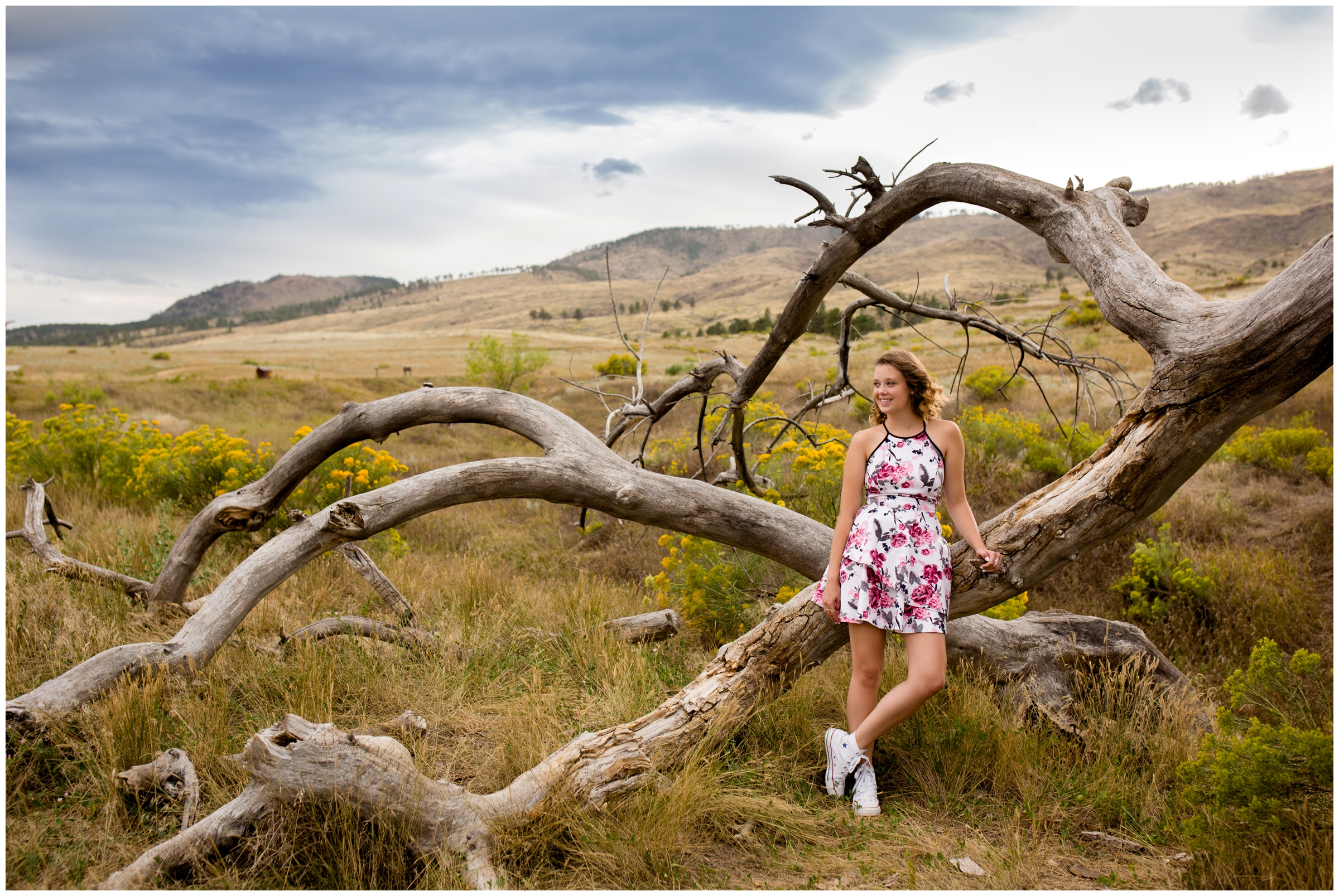 girl leaning against huge fallen tree during Loveland Colorado senior photography 