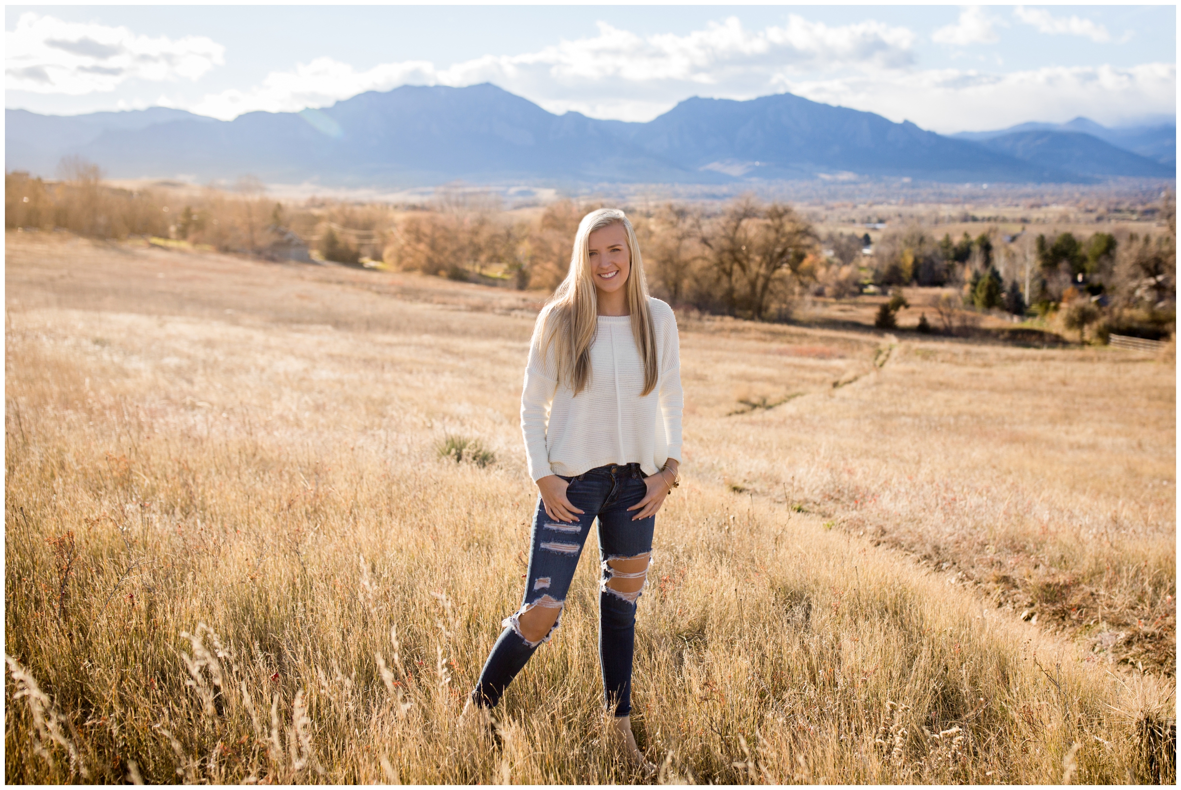 Northern Colorado senior portraits with flatirons in background
