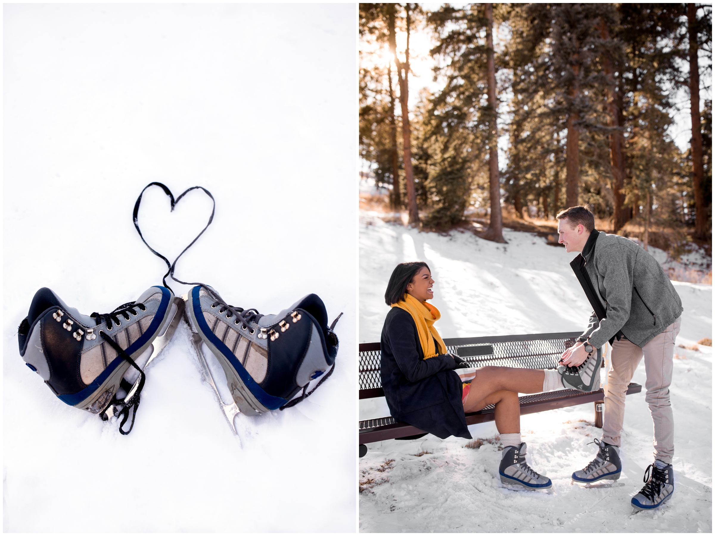 ice skates in a heart shape during ice skating engagement photos 