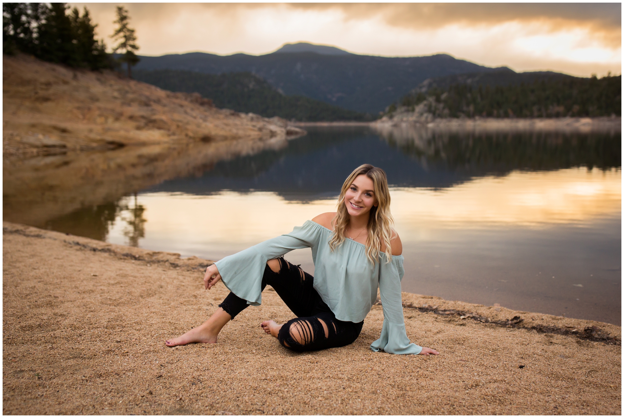 sunset Frederick senior pictures at Gross Reservoir Nederland by Boulder County portrait photographer Plum Pretty Photography