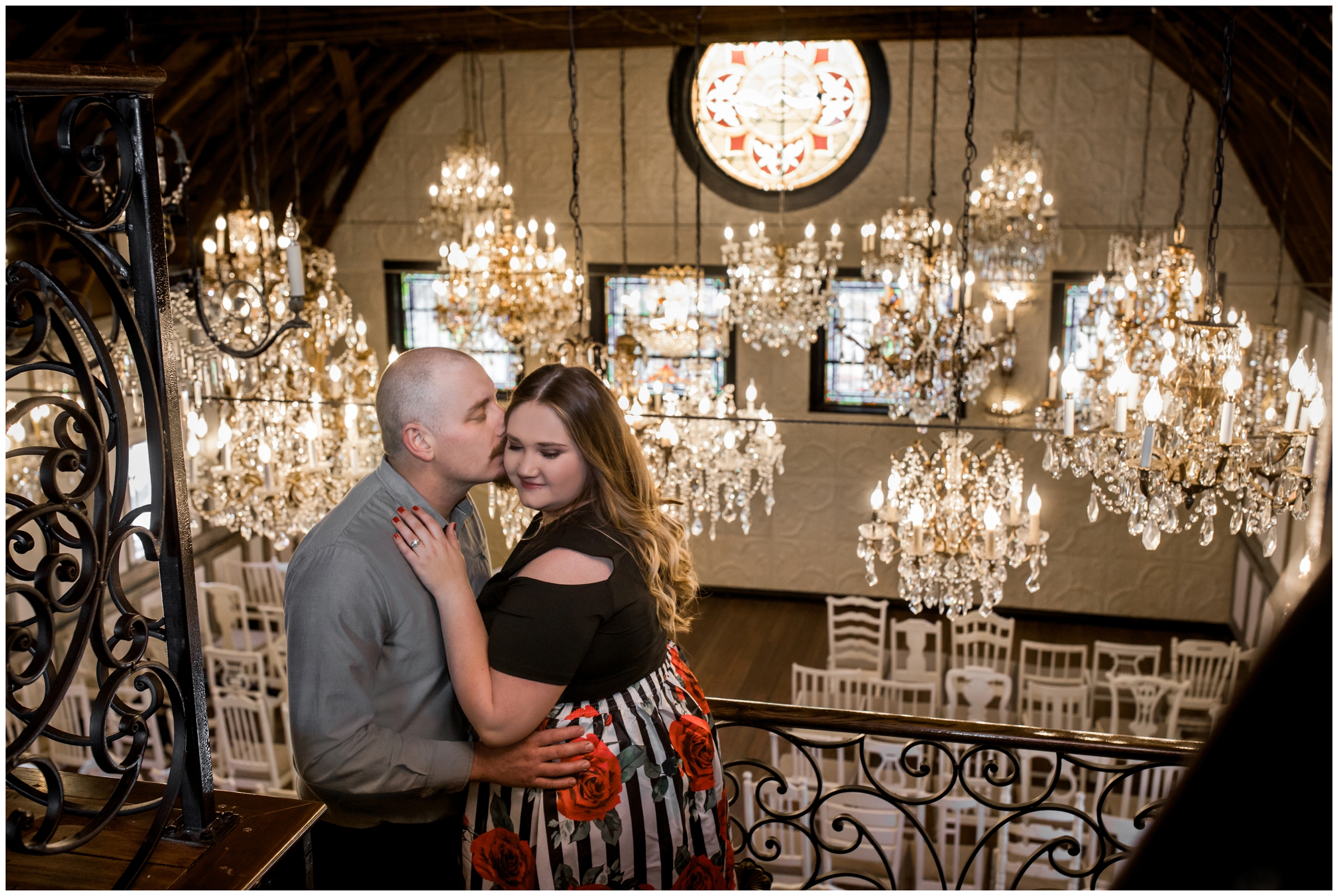 Colorado winter engagement photos at Lionsgate Chandelier Barn