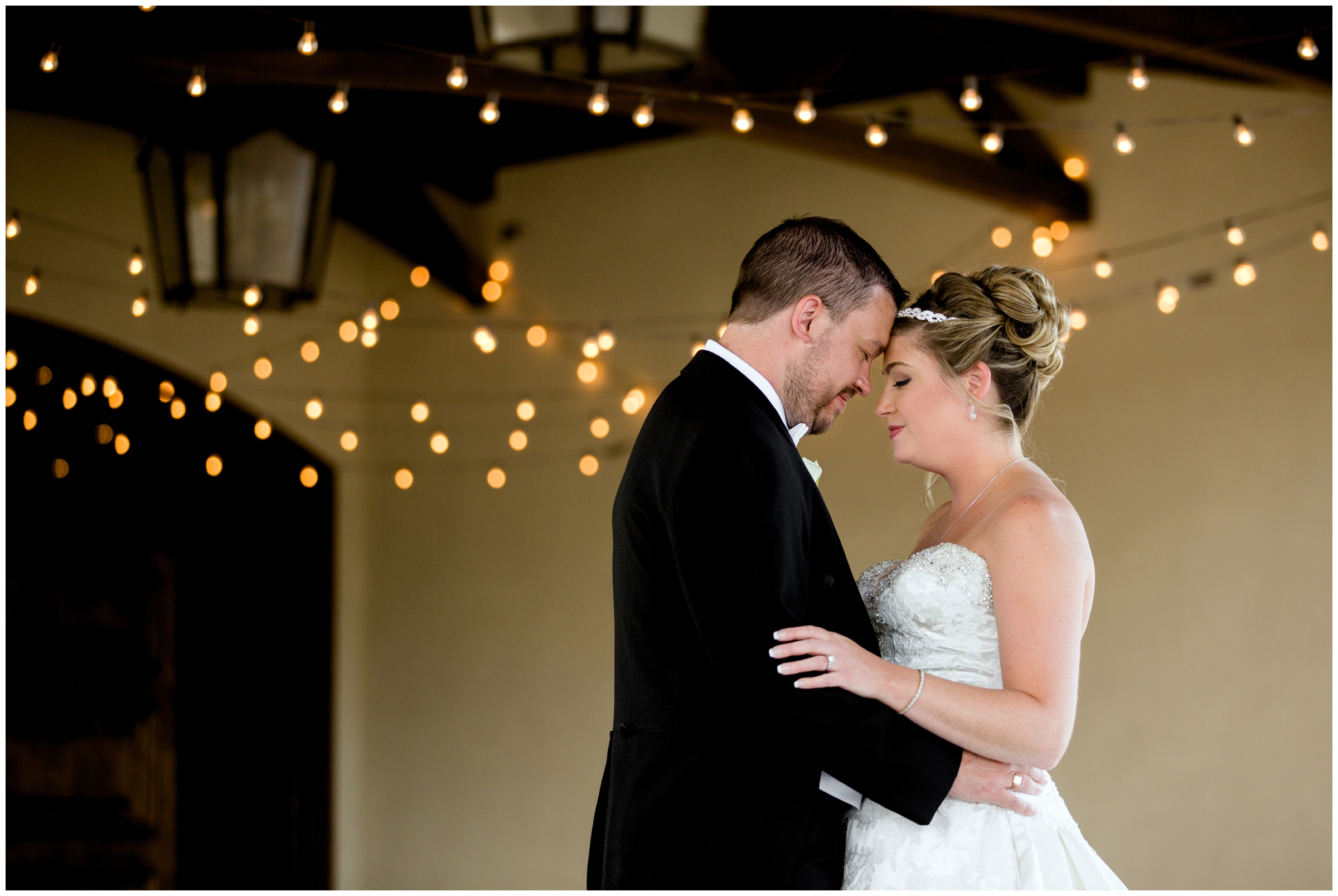 bride and groom posing under the lights during The Pinery Colorado Springs wedding portraits