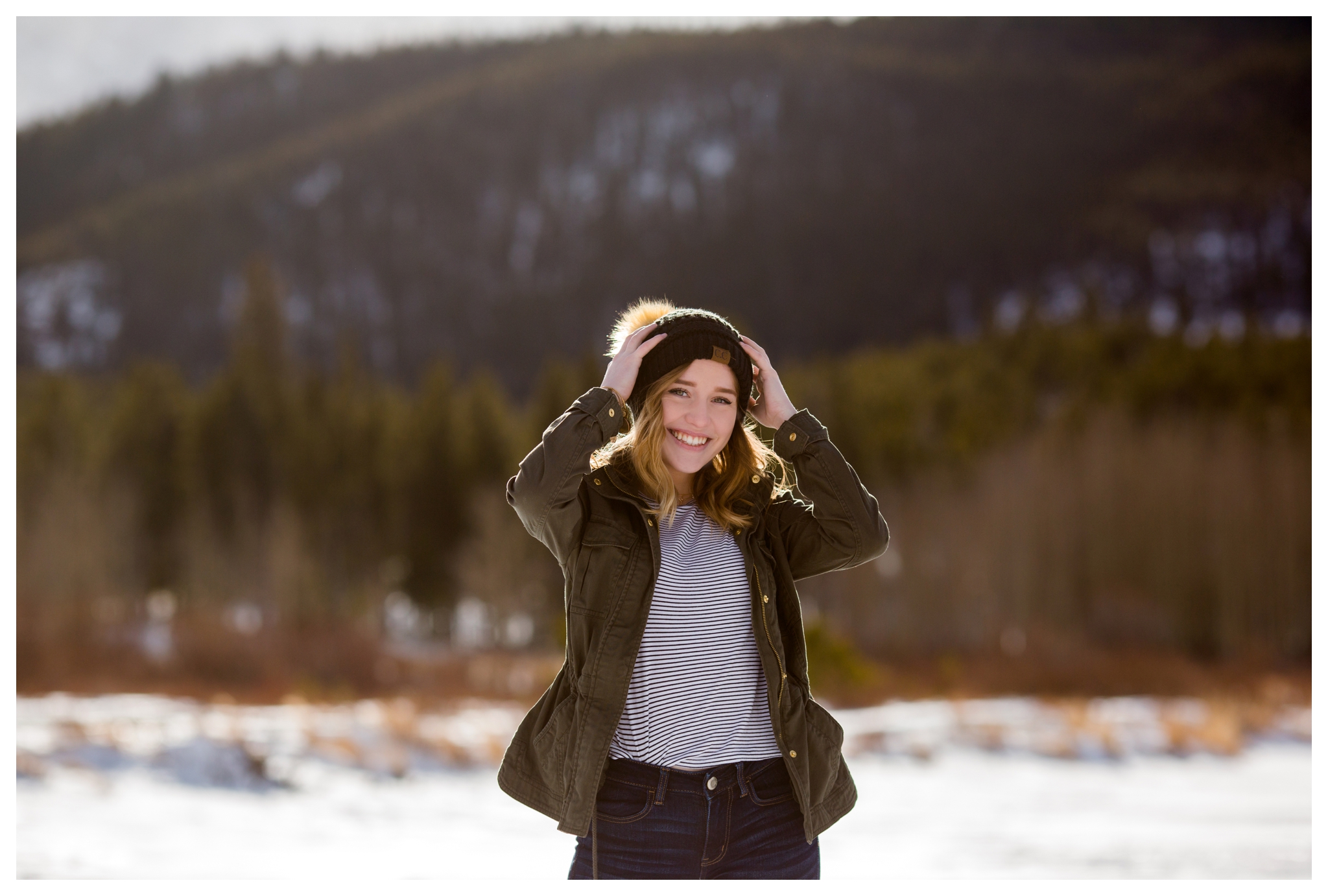 snowy Colorado winter senior photos in Rocky Mountain National Park by Estes Park photographer Plum Pretty Photography