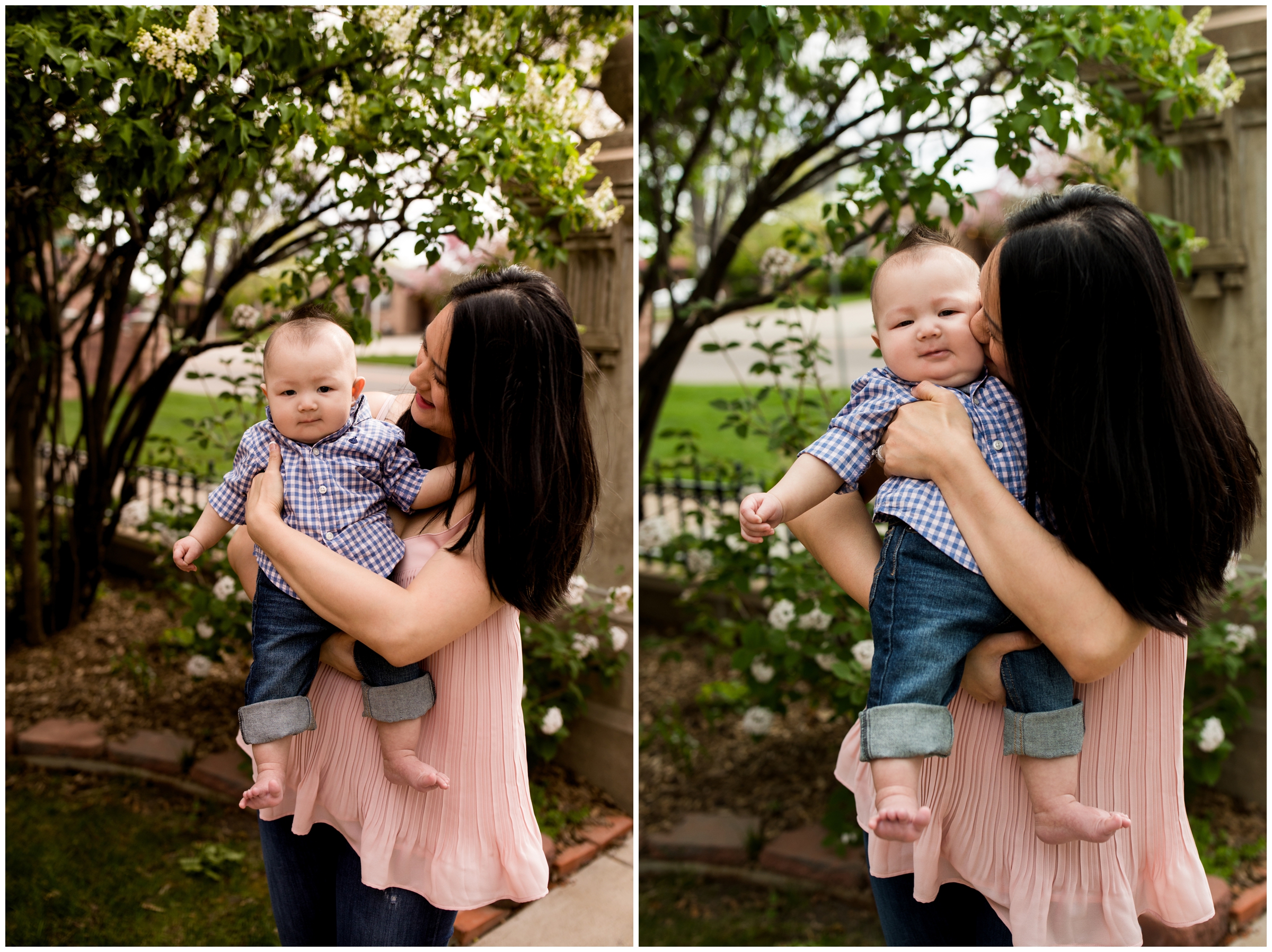 mom kissing baby boy during Longmont family pictures at Callahan House