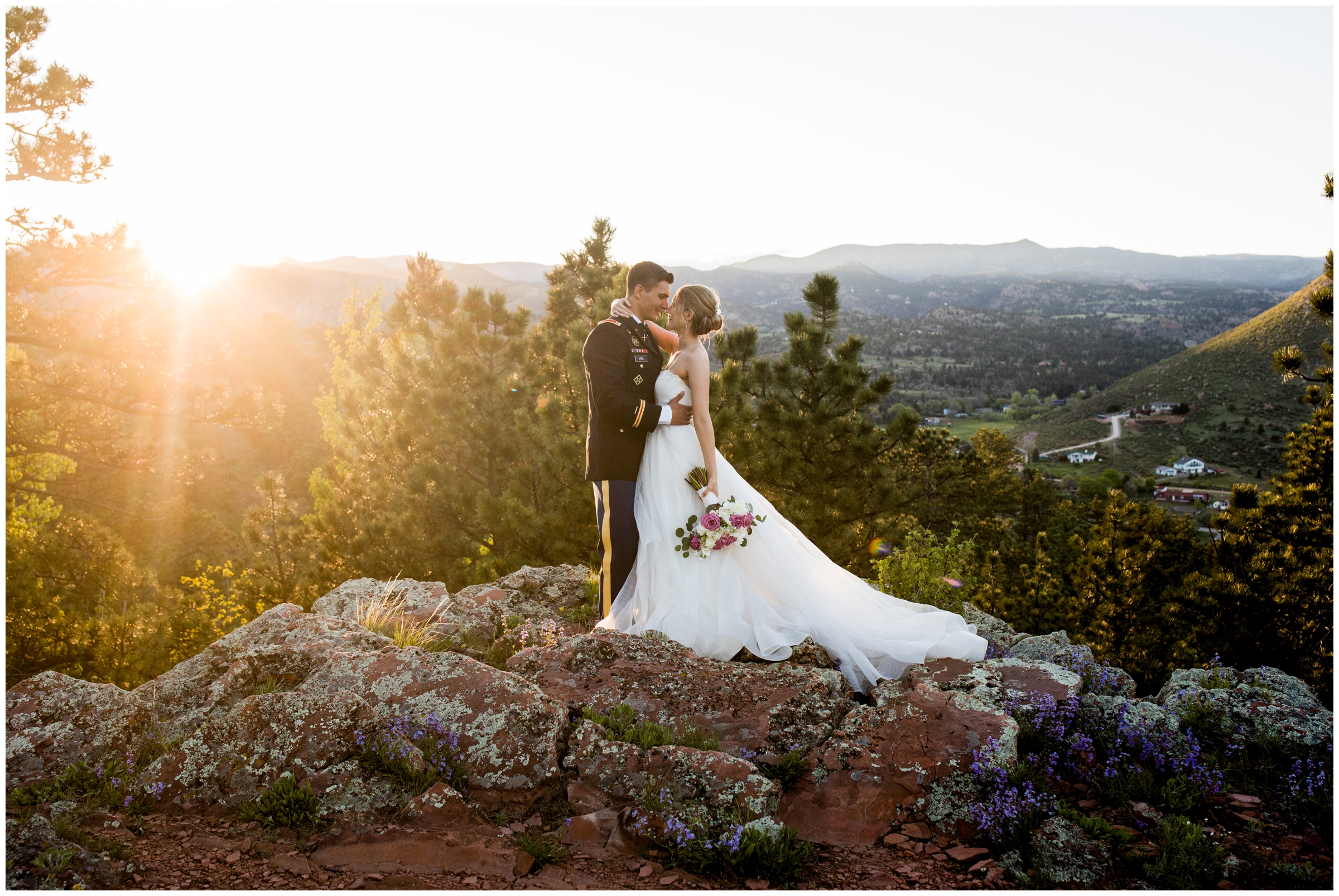bride and groom romantic portraits on mountaintop at Lyons Colorado wedding