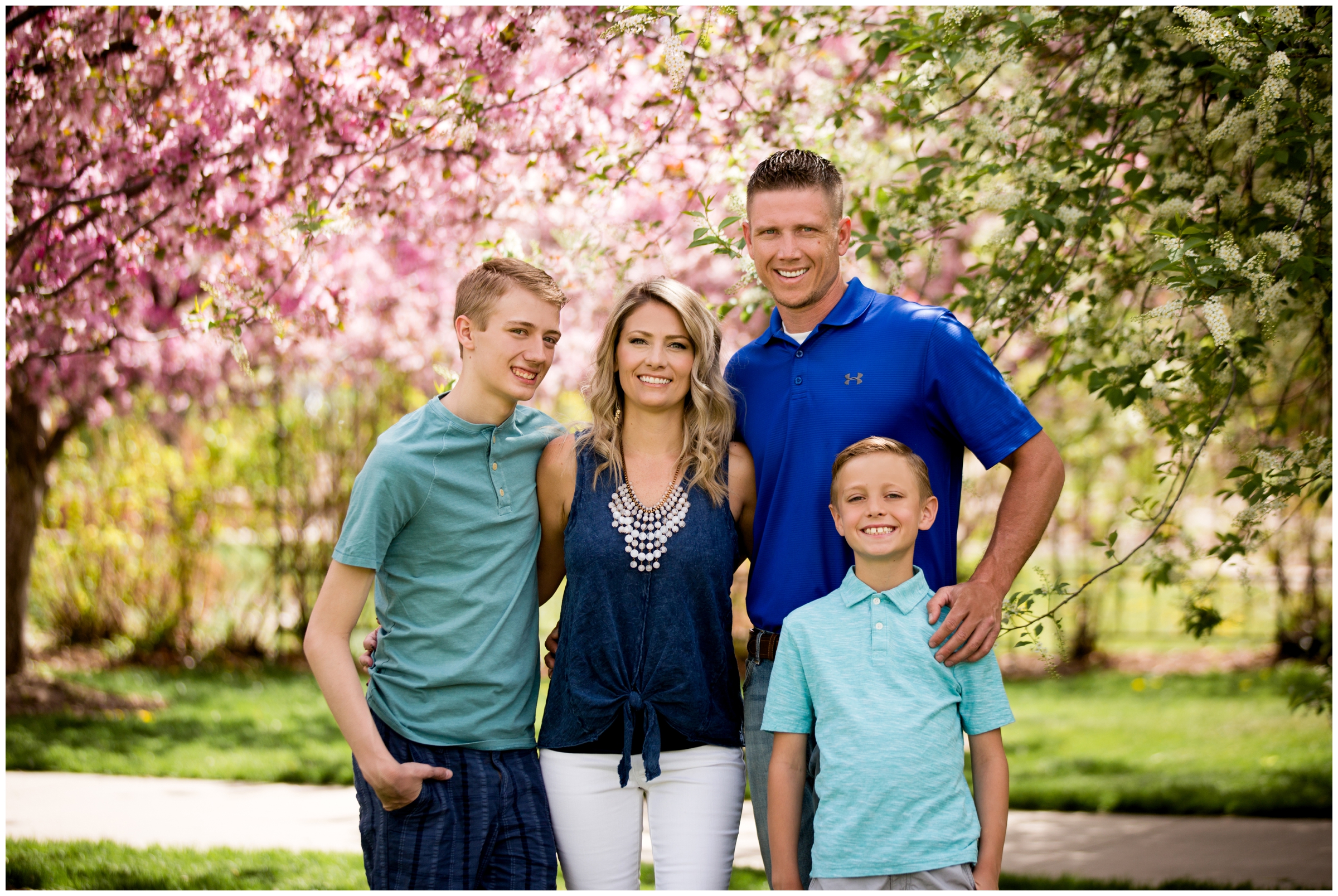 Longmont CO family portraits at Roosevelt Park with cherry blossoms by Colorado photographer Plum Pretty Photography
