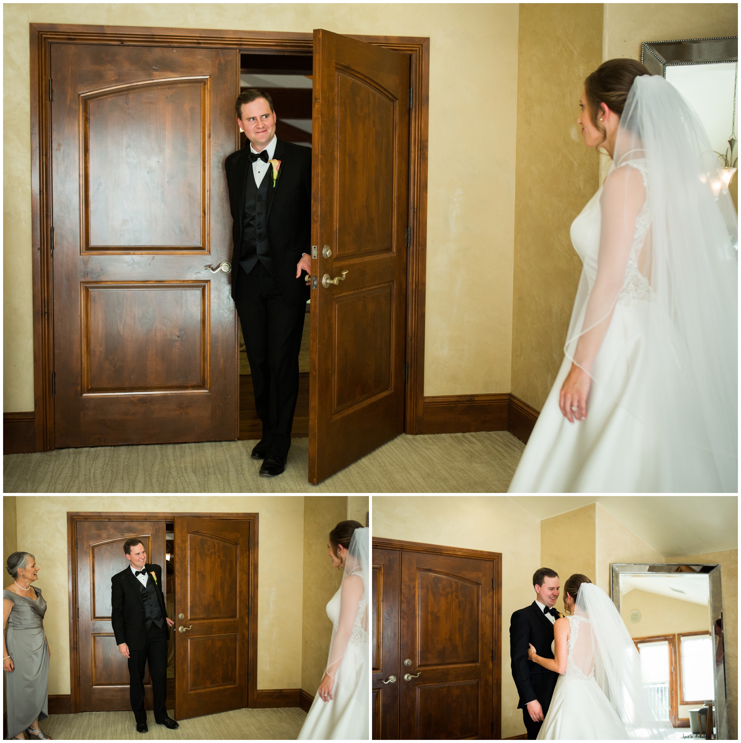 bride and groom first look at Cielo Castle Pines bridal suite