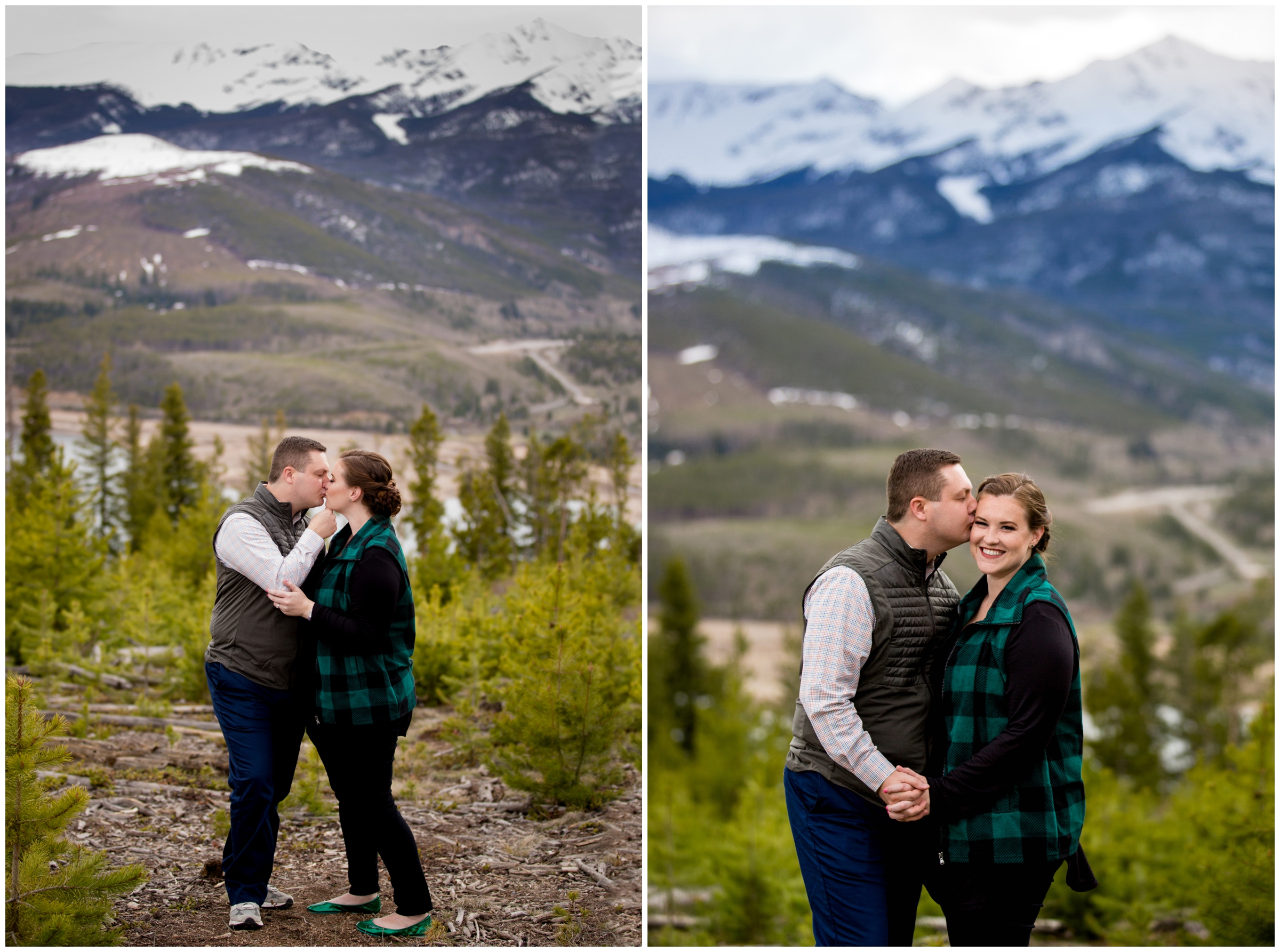couple kissing with mountains in background during breckenridge engagement portraits 