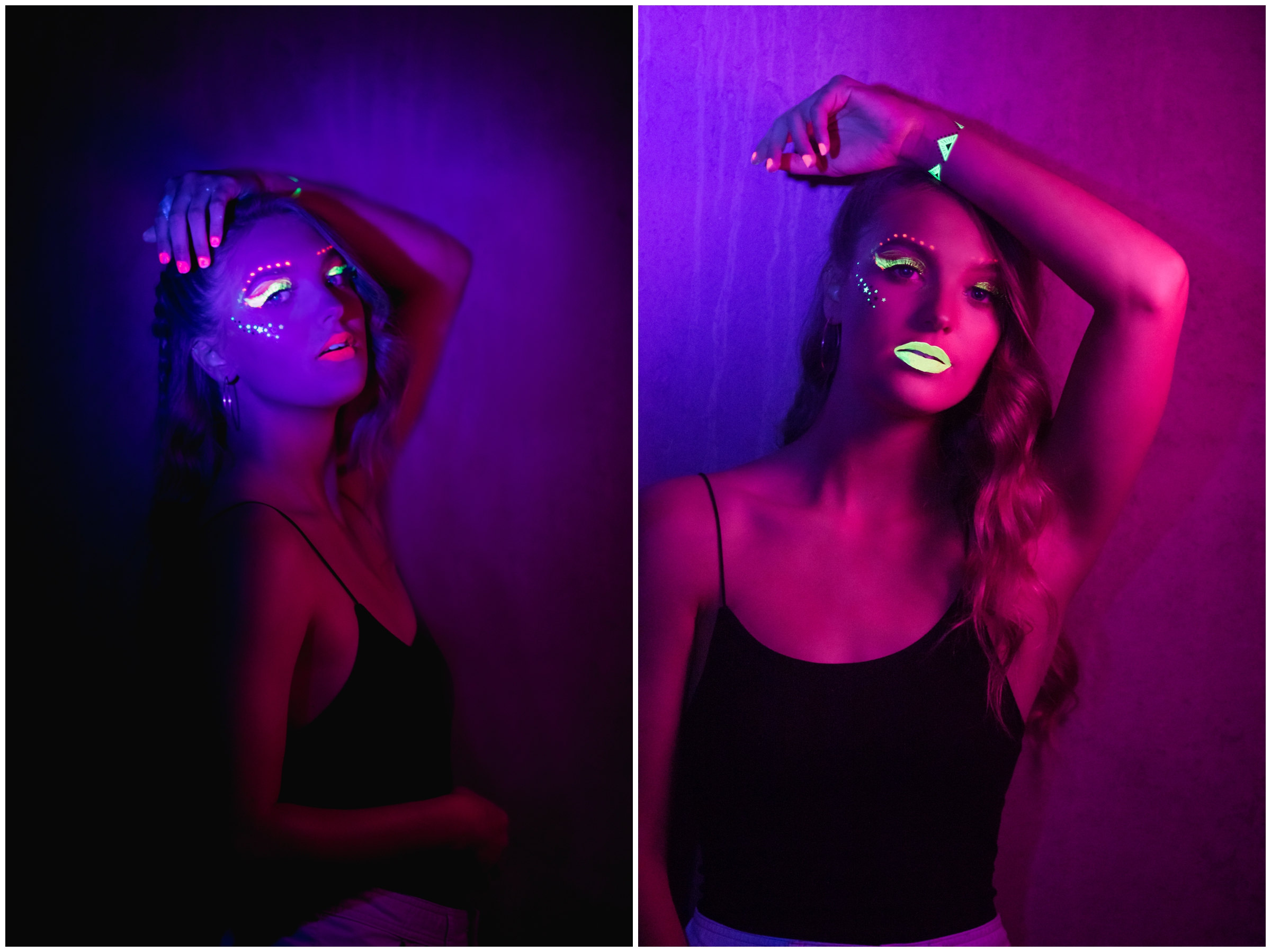 teen in glow in the dark makeup during Colorado nighttime senior portraits 