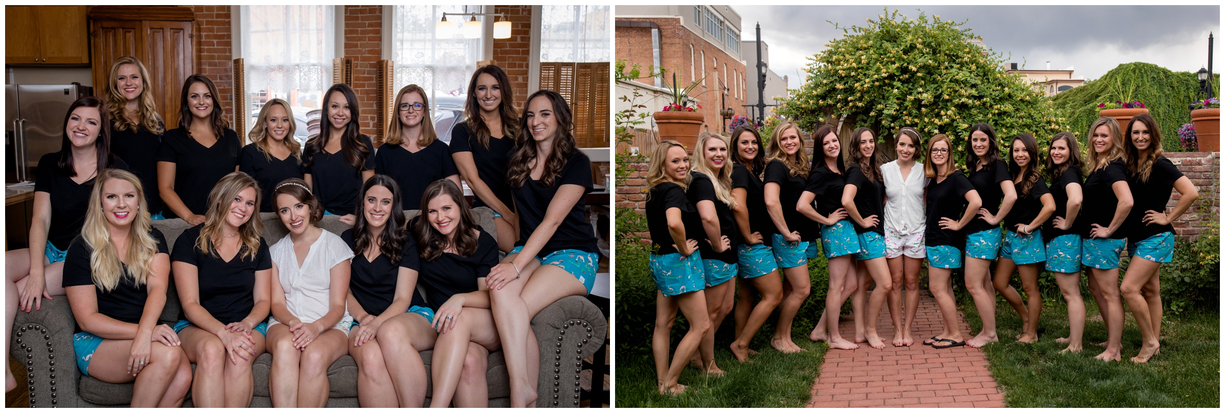 bridesmaids in matching shorts and t-shirts posing with bride