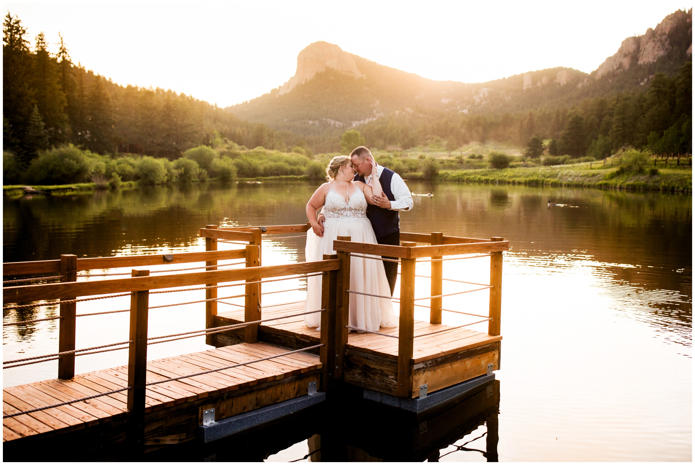 couple posing on dock during Mountain View Ranch wedding photos by Colorado photographer Plum Pretty Photography at Wedgewood Weddings in Pine CO