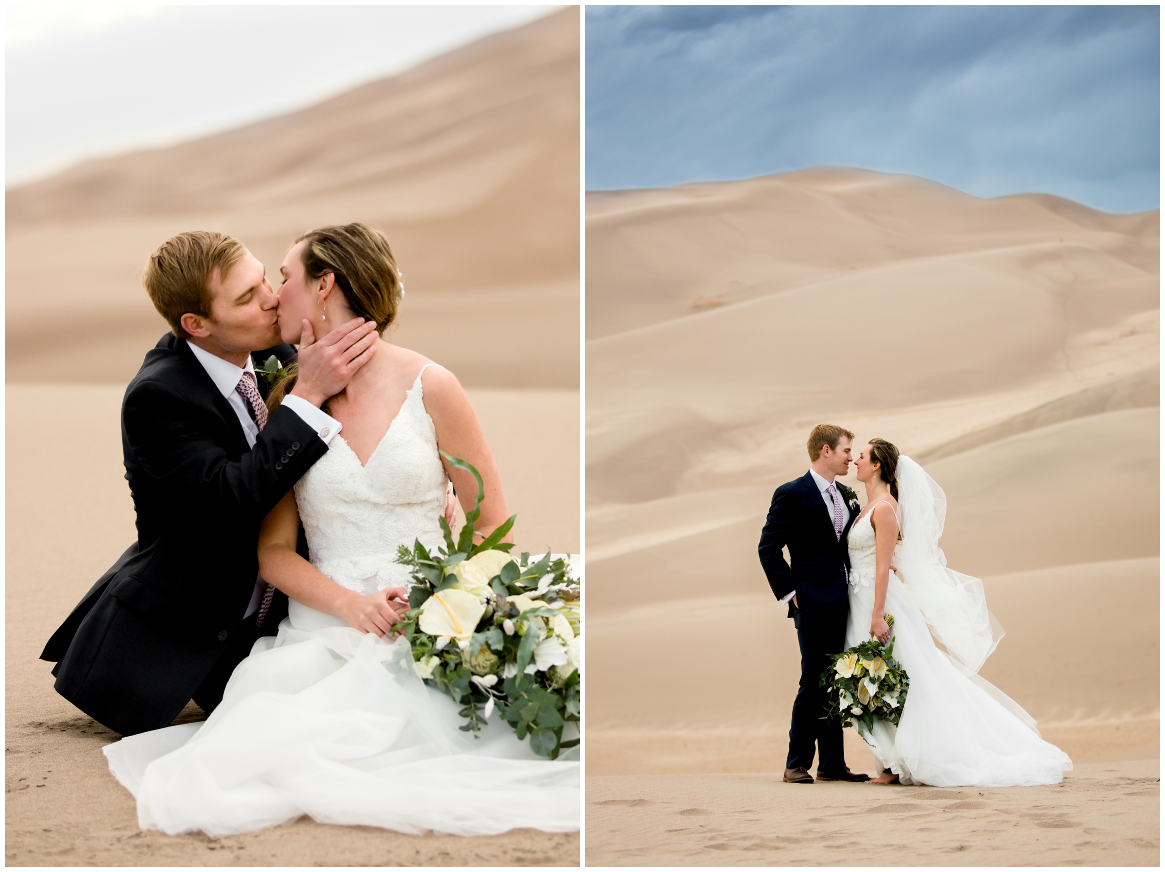 couple sitting on the sand and kissing at Great Sand Dunes Colorado elopement photo session 