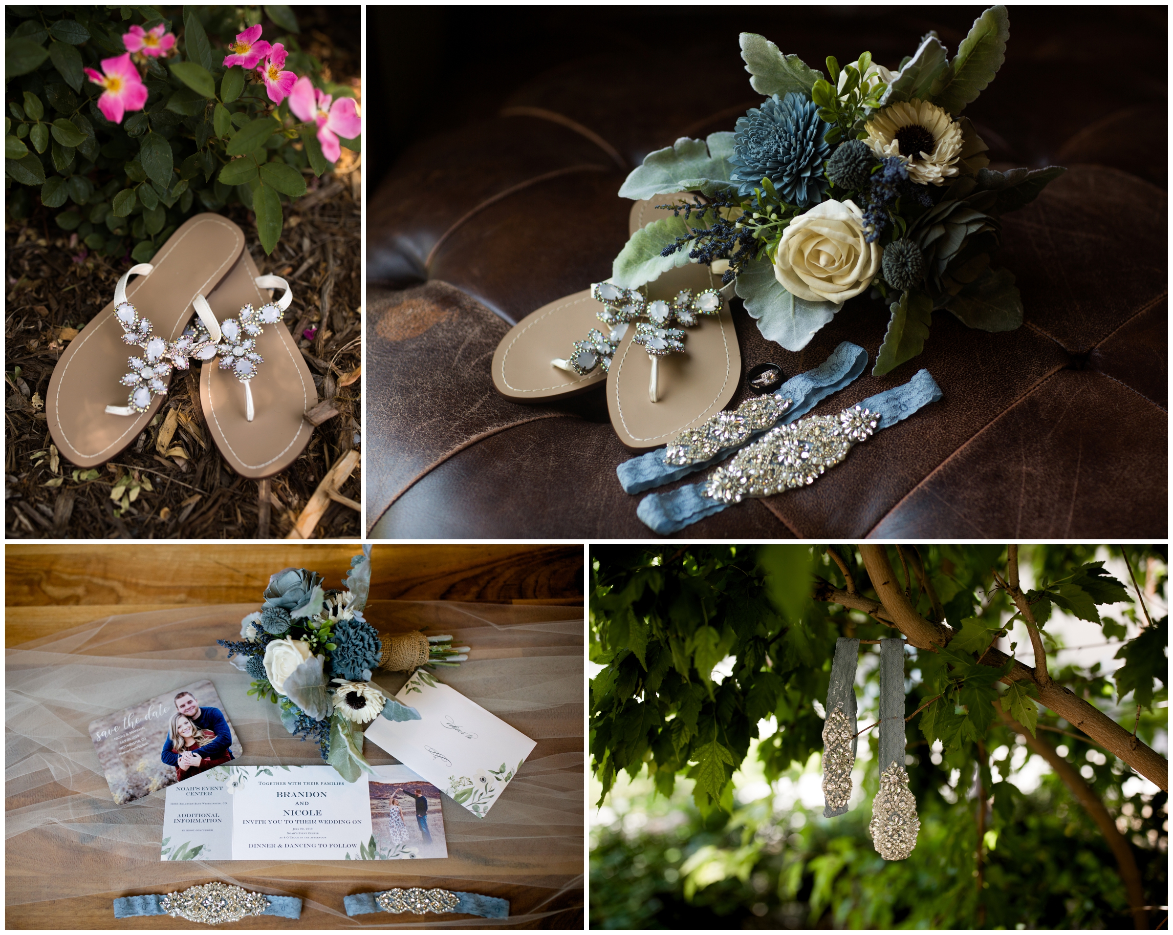 sparkly bridal sandals and wooden wedding bouquet 