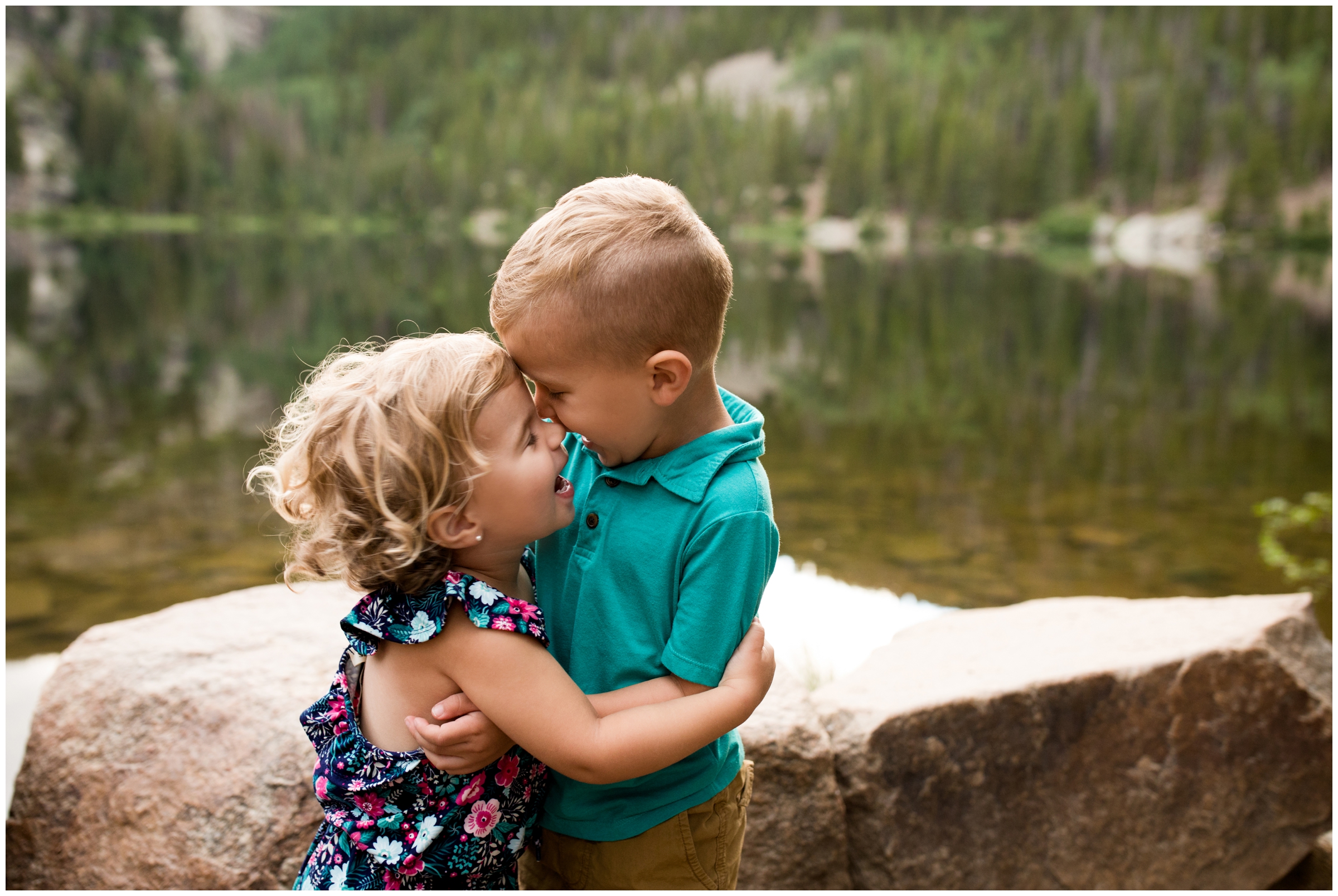 brother and sister hugging during Estes Park Colorado family portraits 