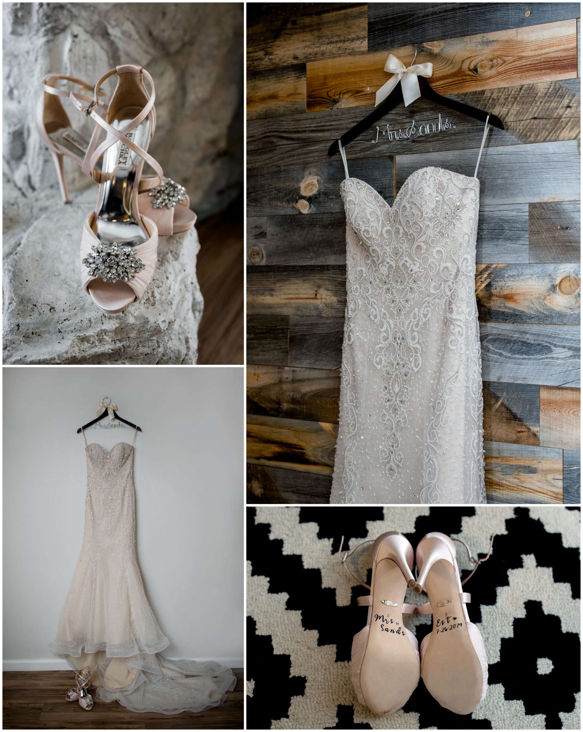 brides dress hanging on wooden wall before Colorado mountain wedding 