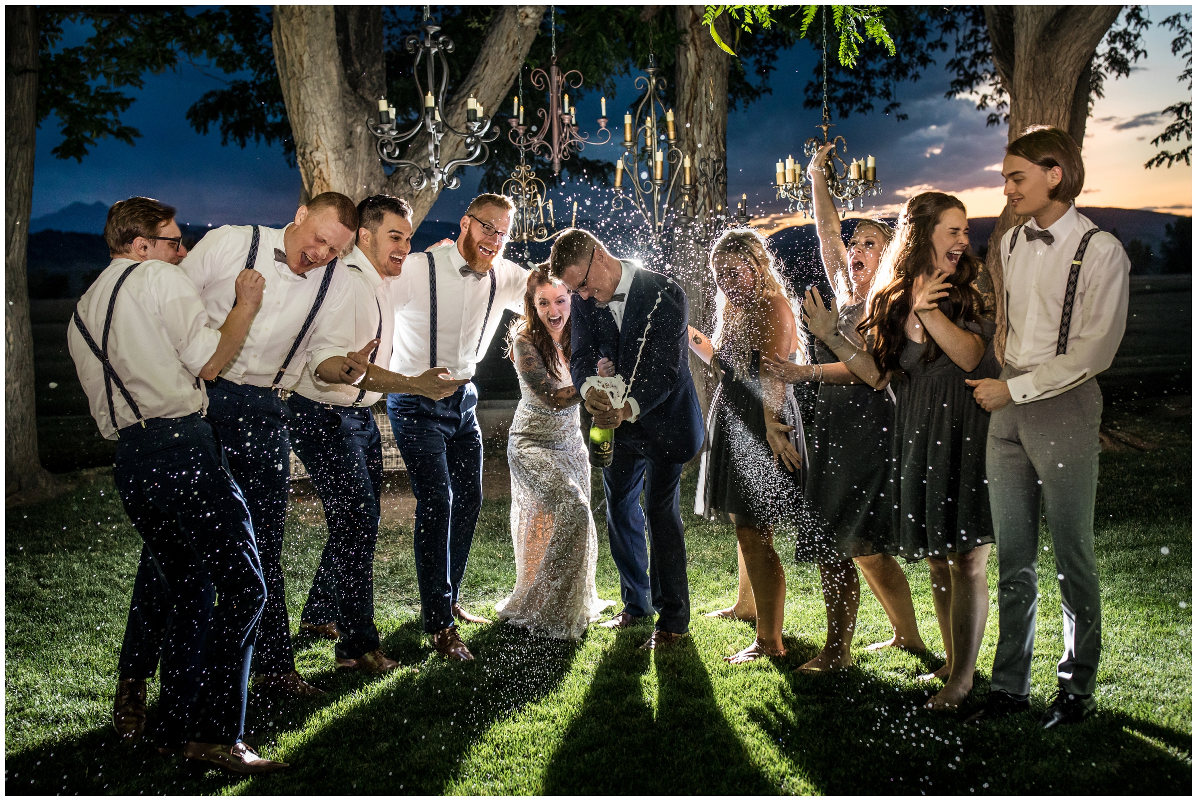nighttime bridal party photo at Shupe Homestead wedding 