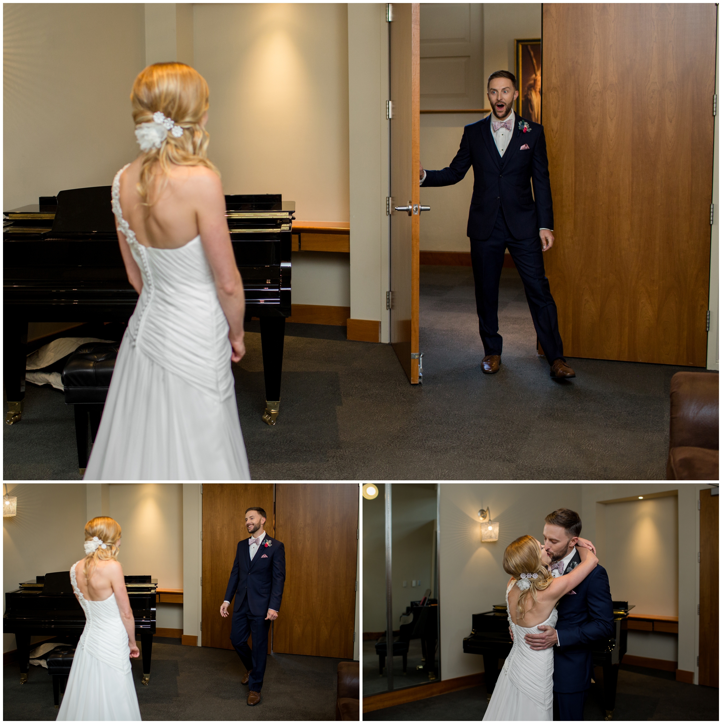 bride and groom first look at Studio Loft Denver Performing Arts wedding 