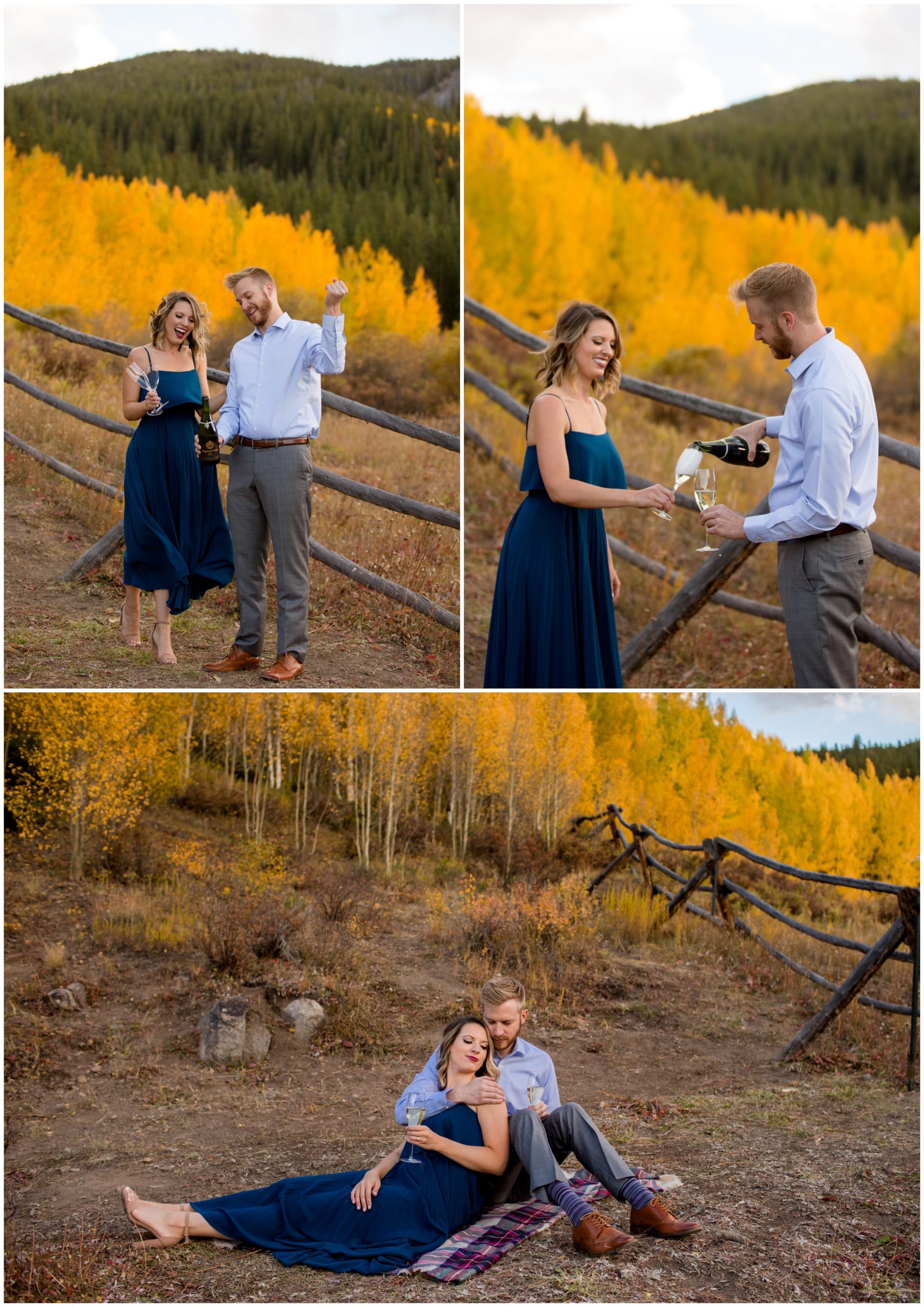 couple having a champagne toast during their outdoor Colorado engagement pictures