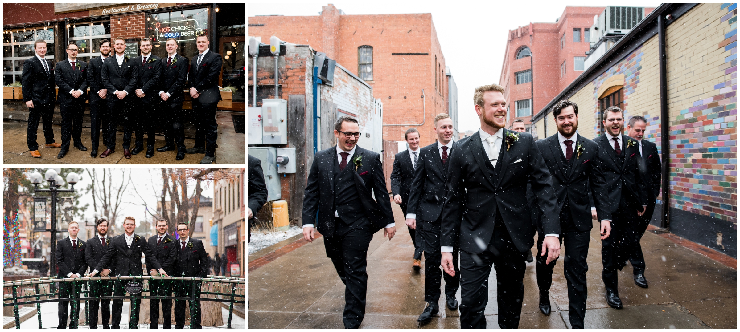 groom and groomsmen walking down aisle at Boulder Colorado winter wedding pictures 