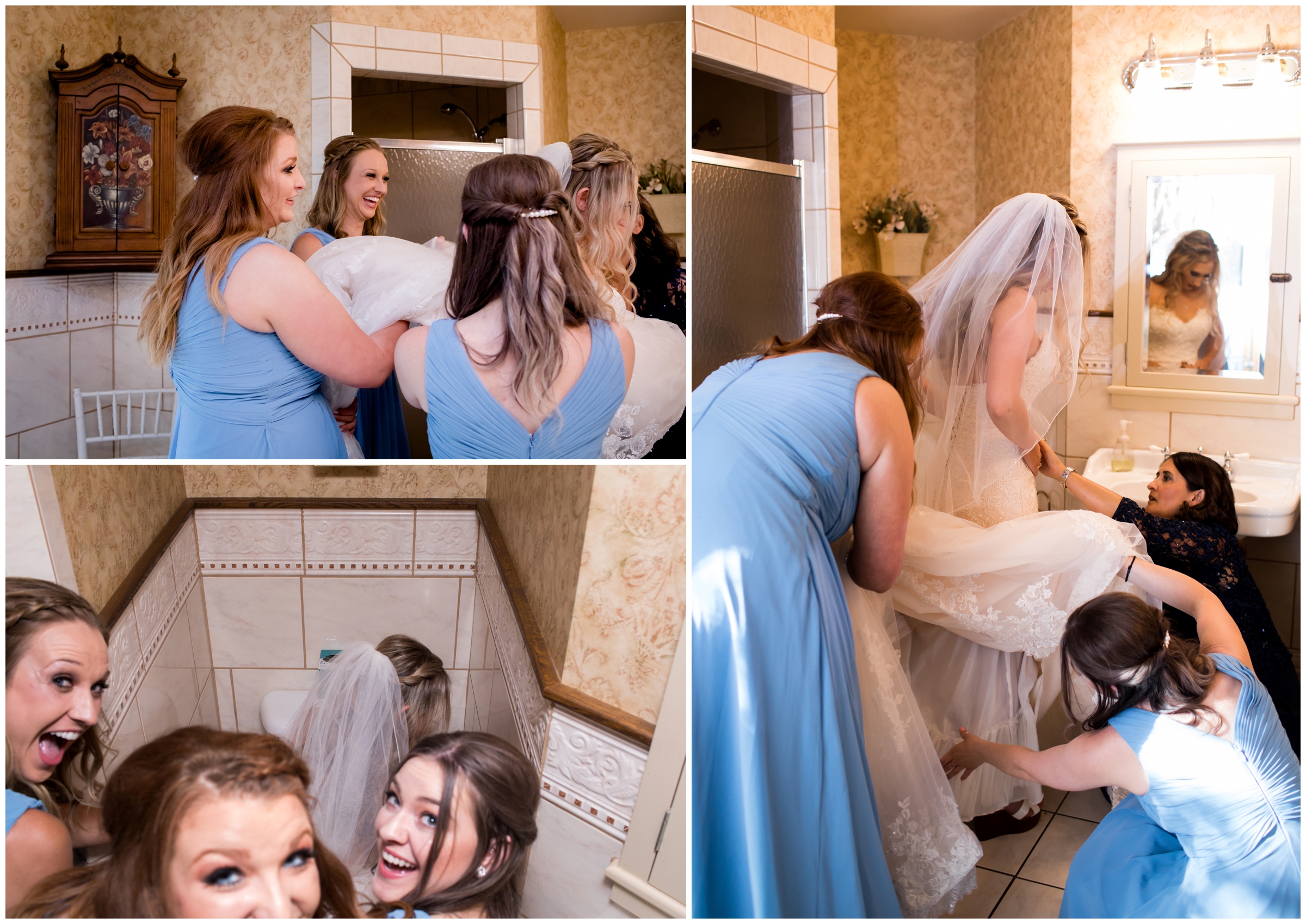 bride attempting to go to the bathroom in wedding dress 