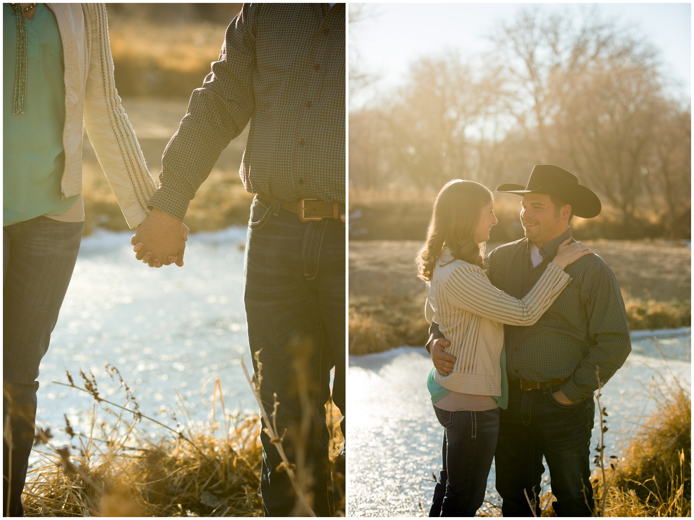 county couple posing by river during rustic colorado engagement photos by Plum Pretty Photography 