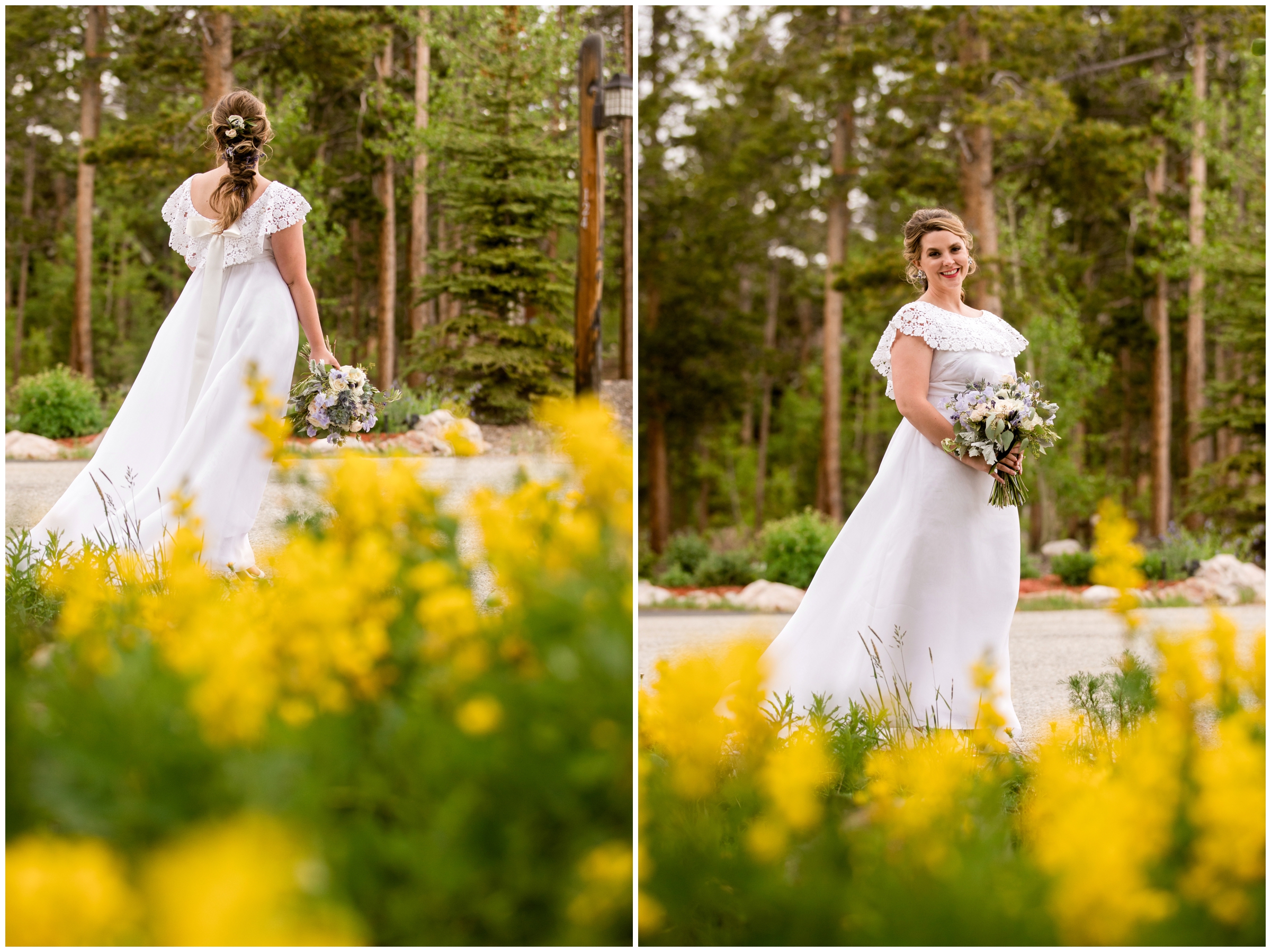 Colorado bride posing amongst yellow wildflowers during Breckenridge Colorado wedding portraits at at the Lodge at Breck