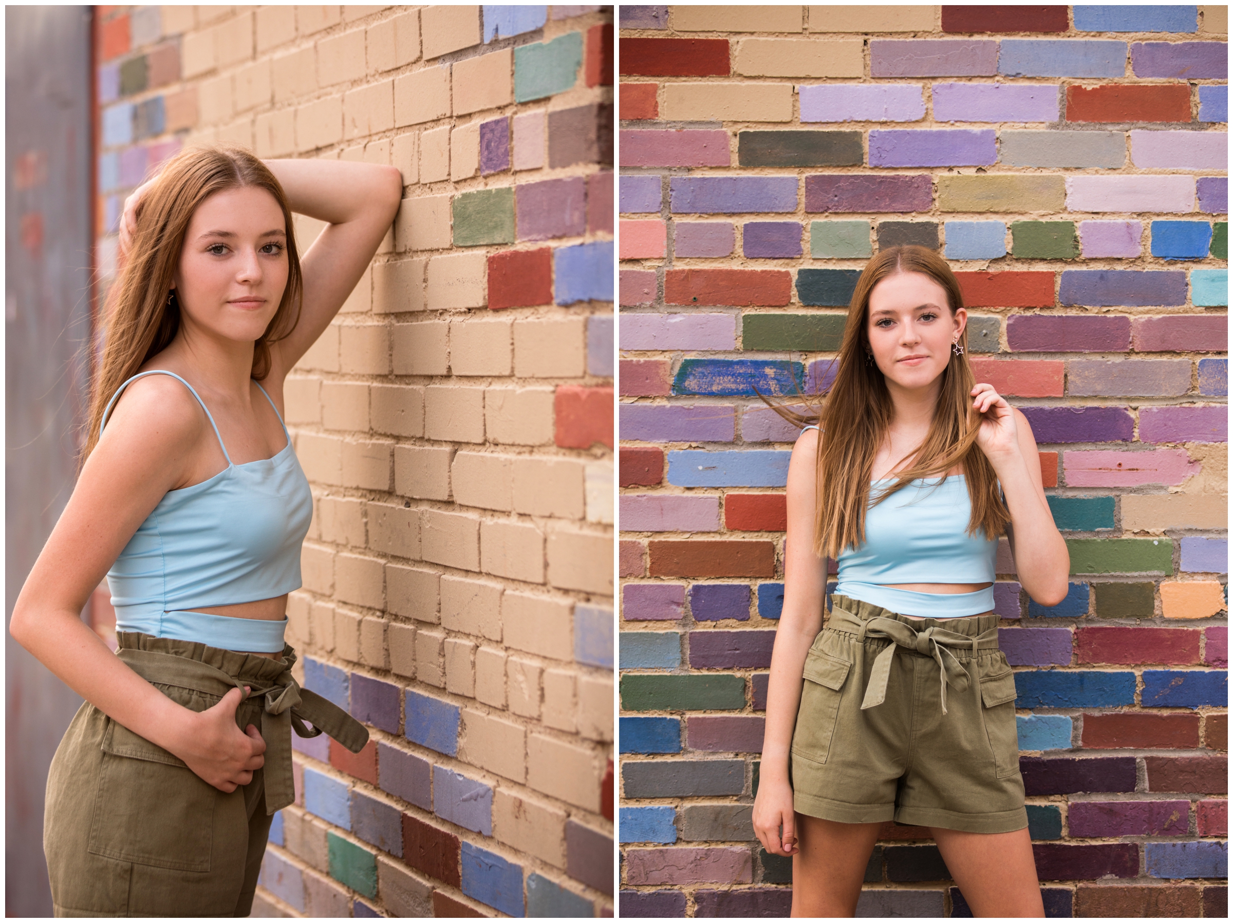 teen girl leaning against colorful brick wall during Pearl Street Boulder senior pictures 