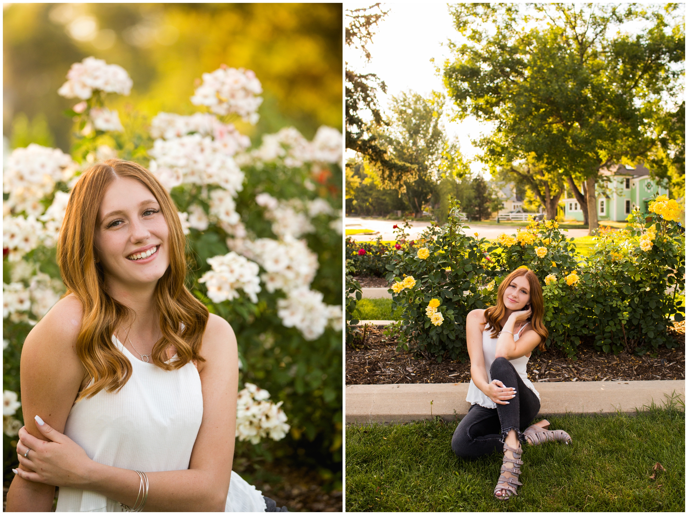 teen sitting in rose garden during Longmont Colorado senior photography session 