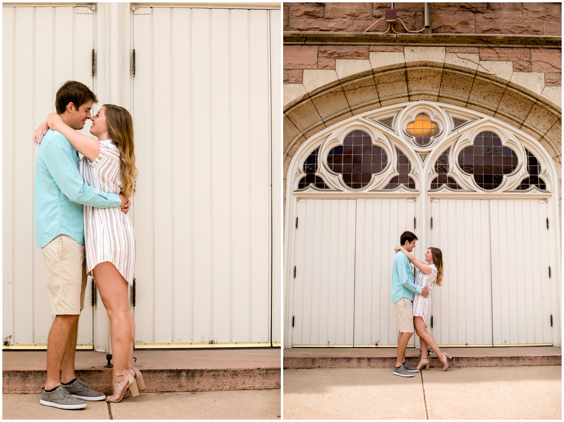 Couple posing in front of Macky auditorium during Colorado couple’s portraits 