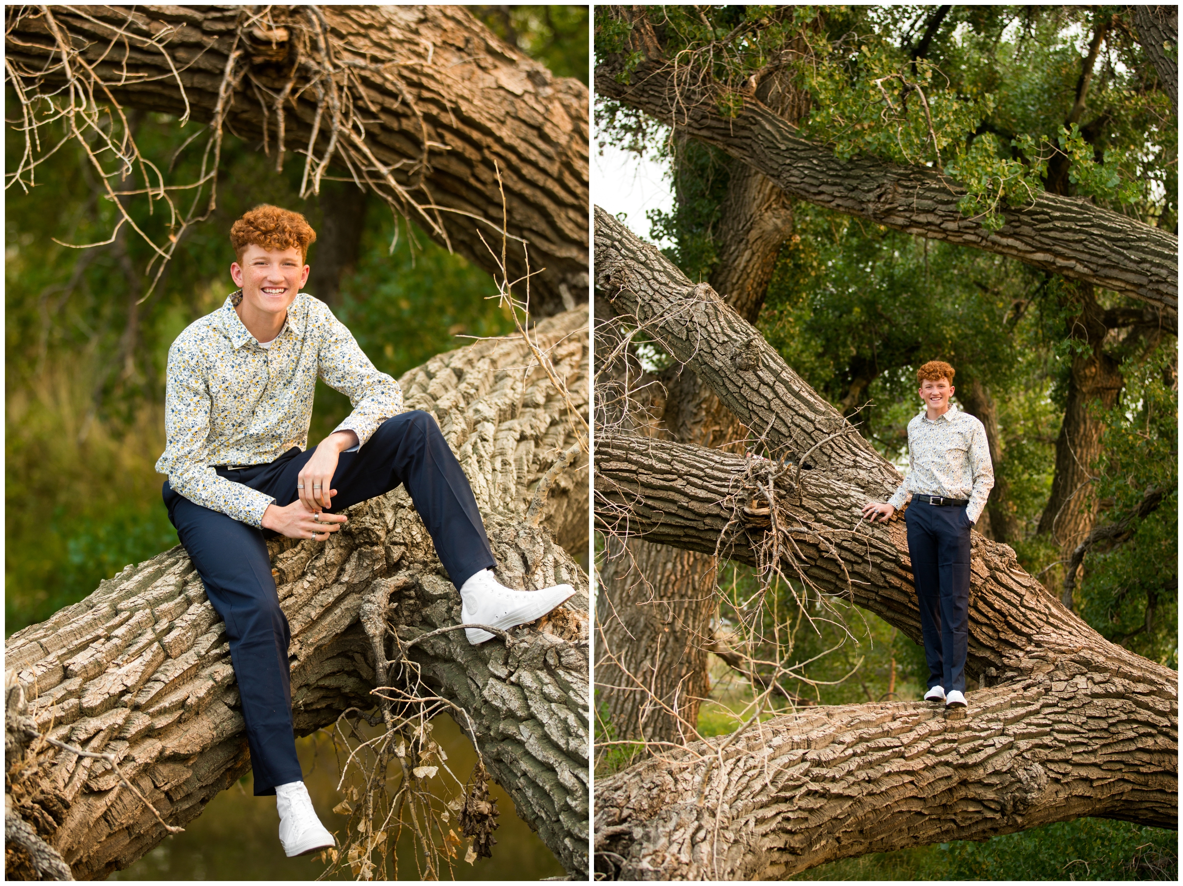 Teen boy standing on giant tree during Frederick Colorado senior pictures 