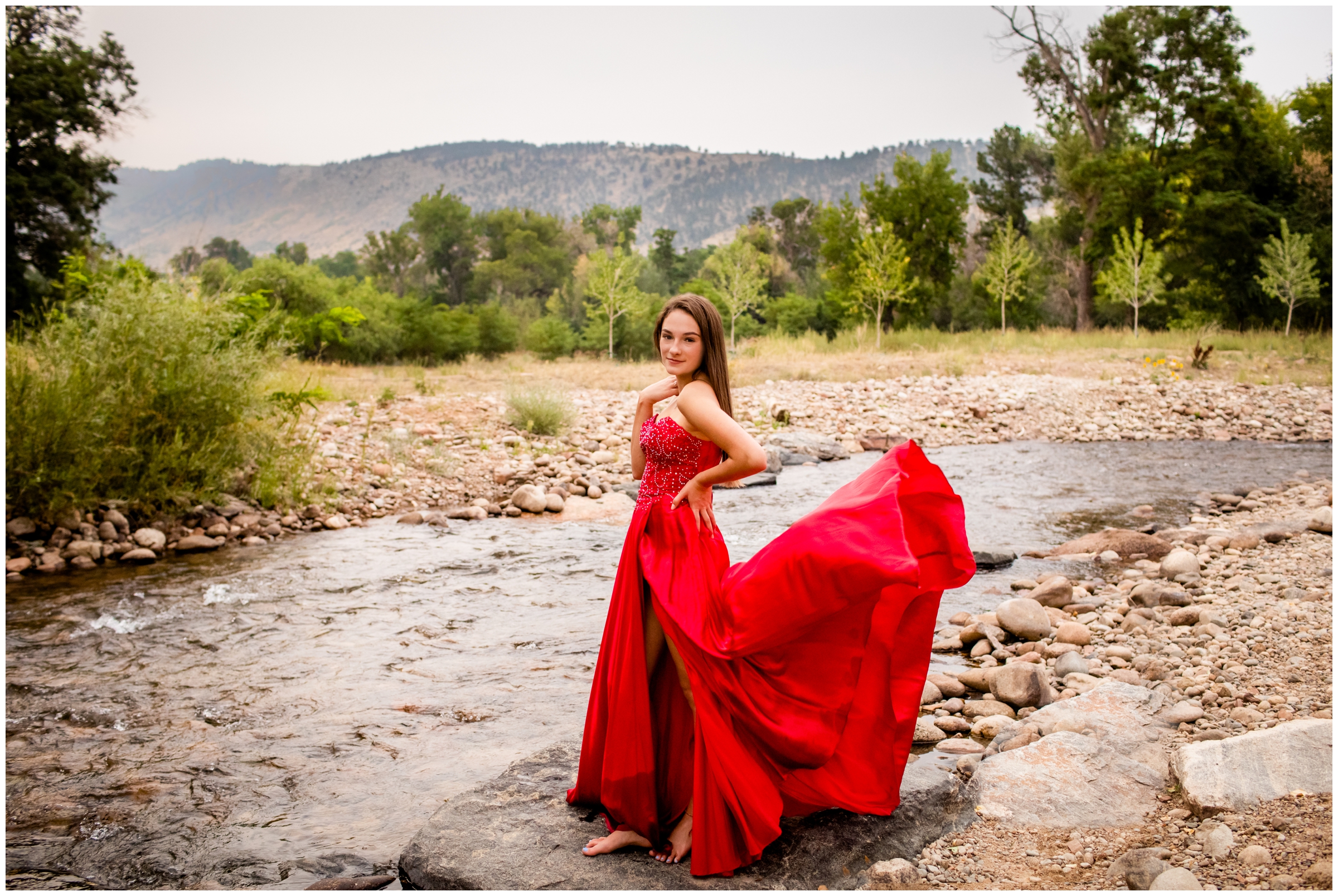 teen in prom dress during Lyons senior photography shoot at Bohn Park by Colorado portrait photographer Plum Pretty Photography