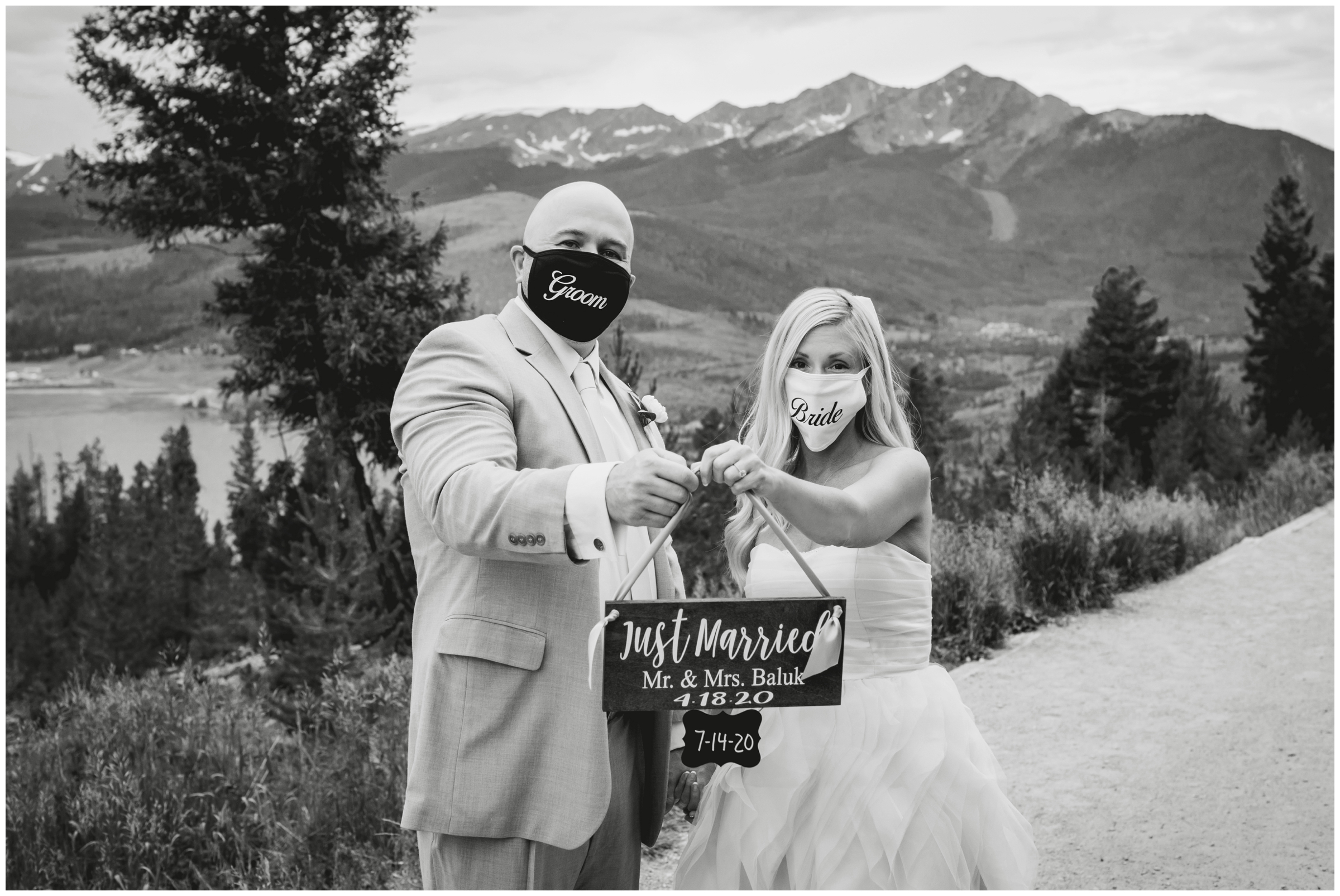 couple in bride and groom masks during Colorado Covid wedding 
