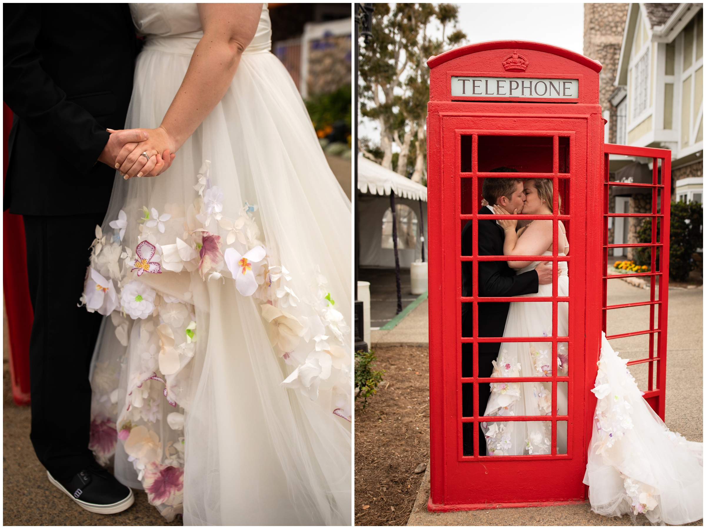 bride and groom posing in red phone booth during urban wedding