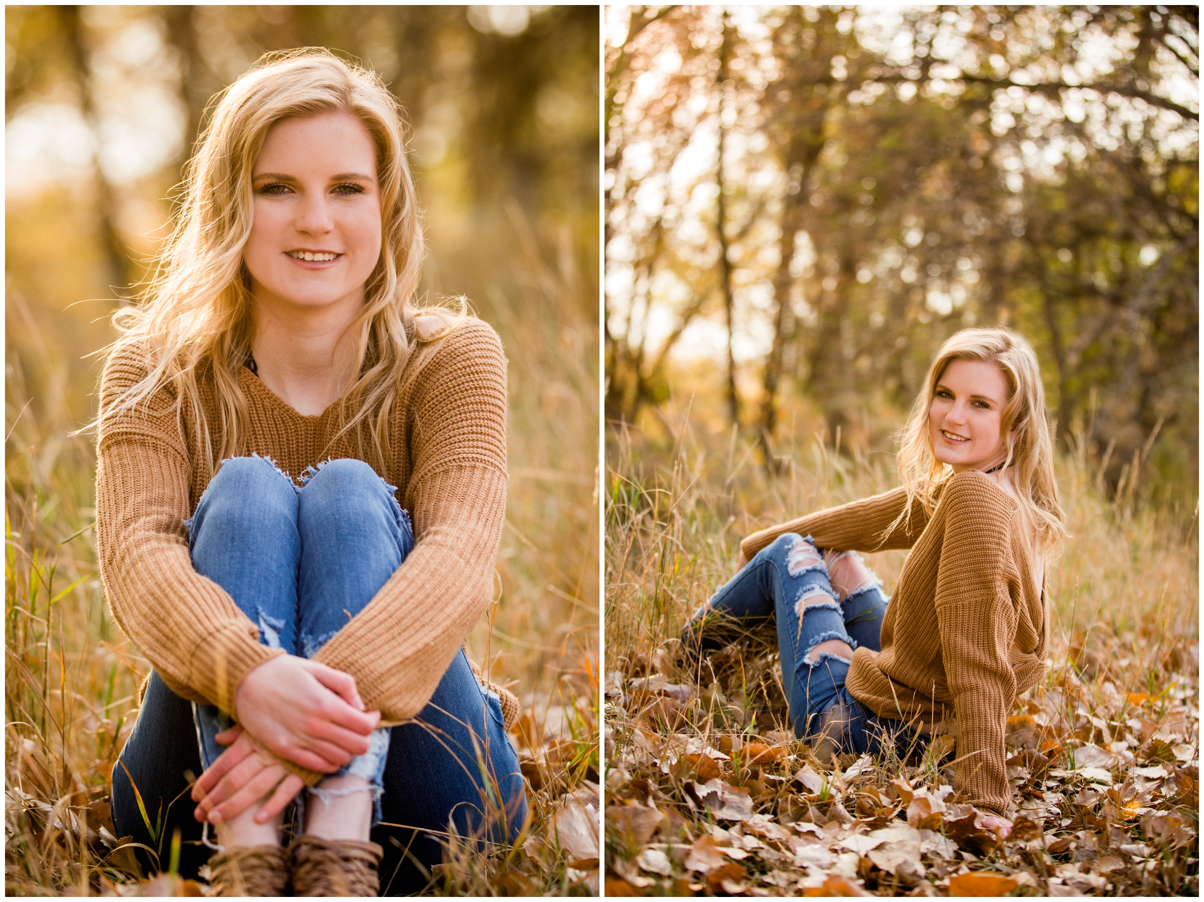 Teen sitting in pile of leaves during fall senior photography session in Longmont Colorado 
