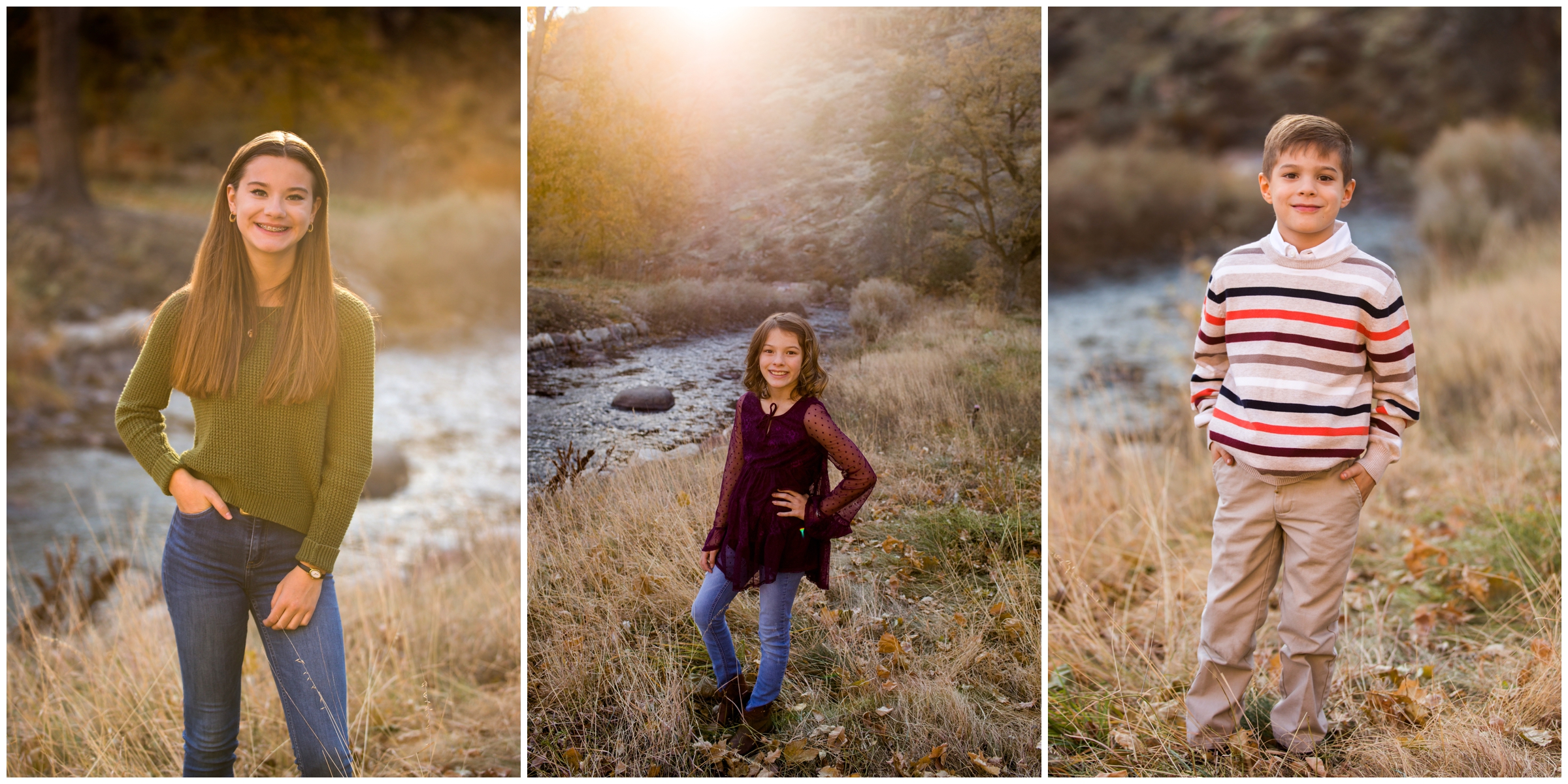 kids posing in front of mountain river in Lyons Colorado