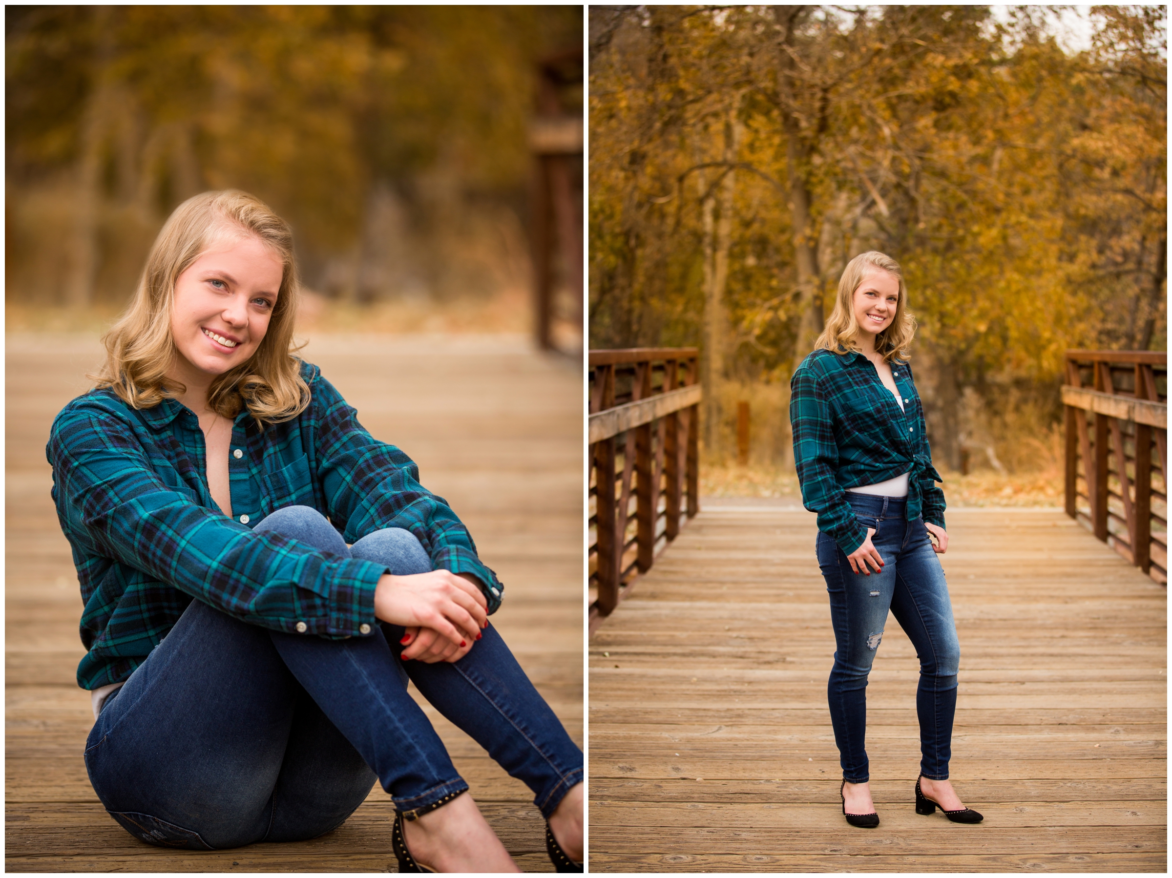 fall senior pictures on a bridge in Lyons Colorado 