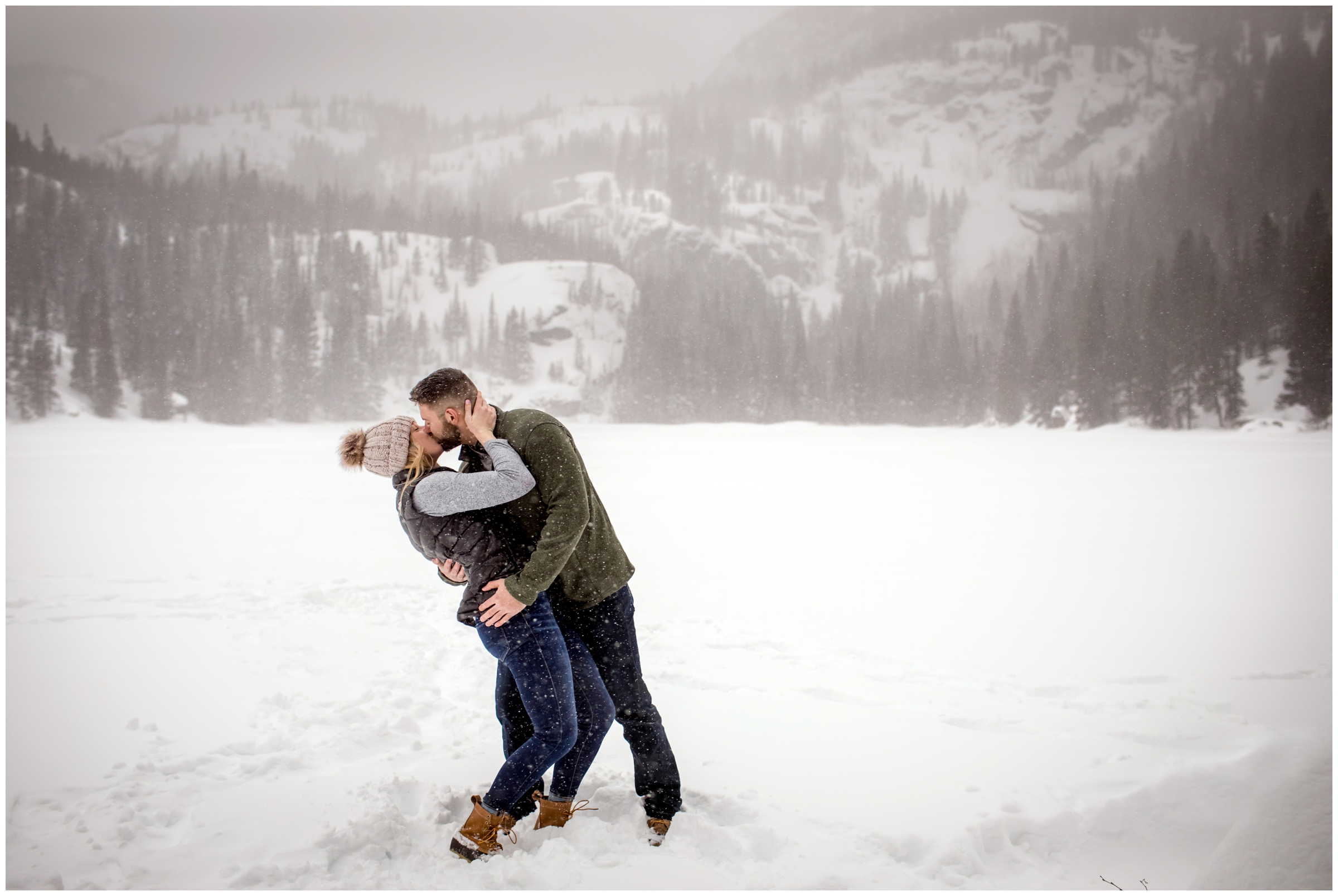 winter engagement photography inspiration at Bear lake in RMNP