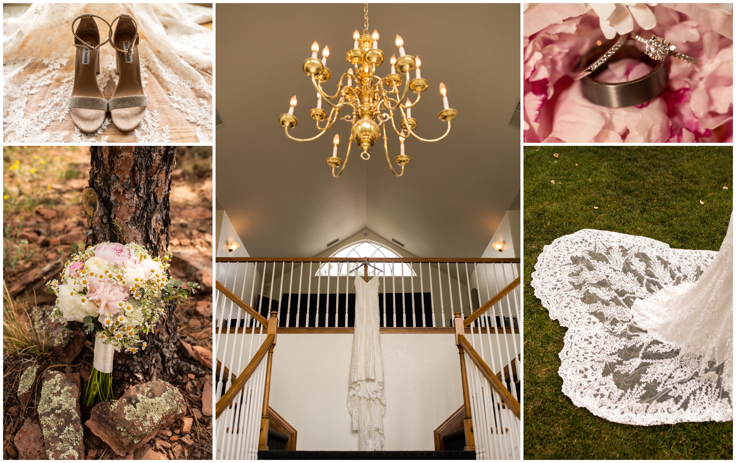 Wedding dress hanging on stairs at mansion wedding 