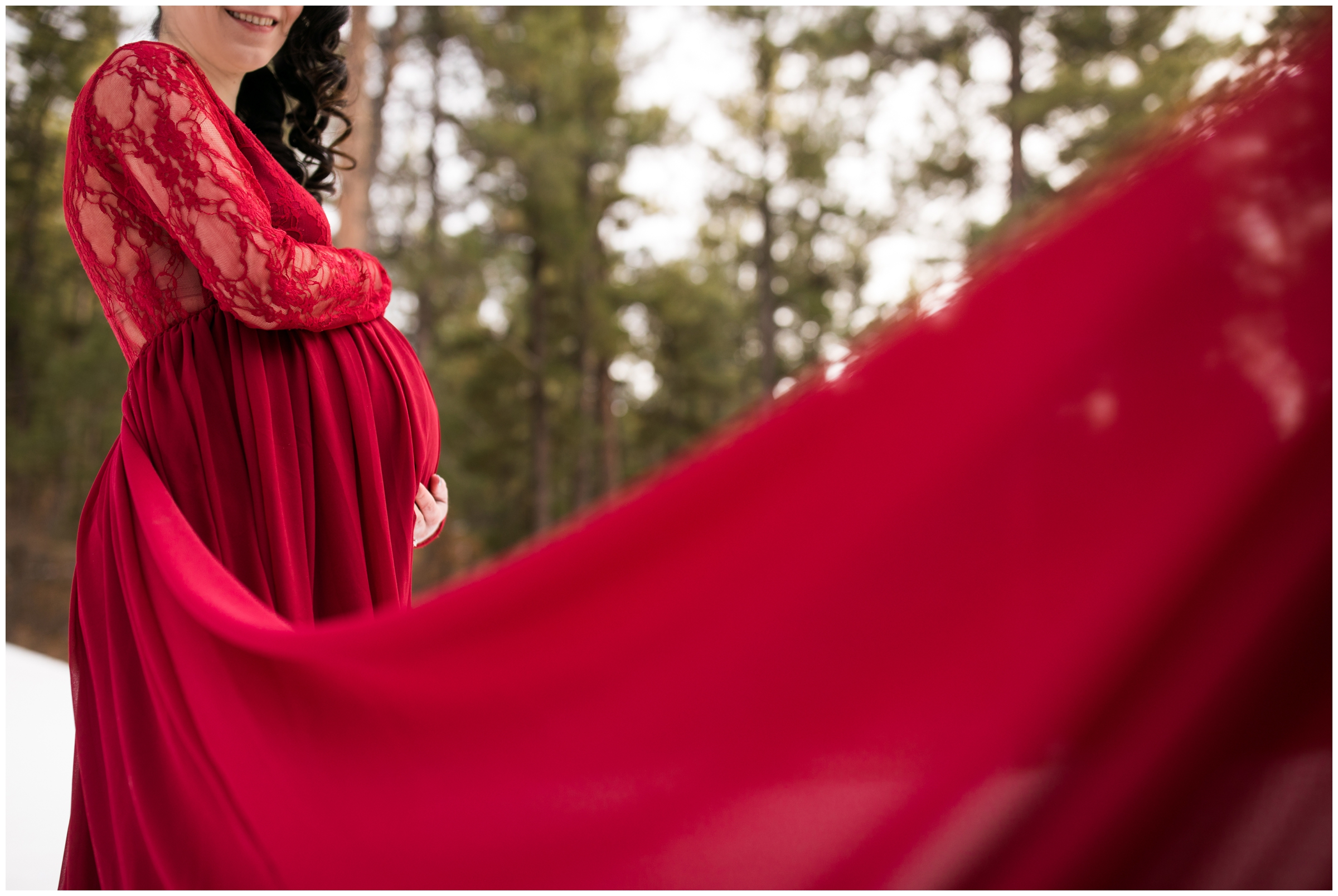 unique maternity portraits in the Colorado forest during winter