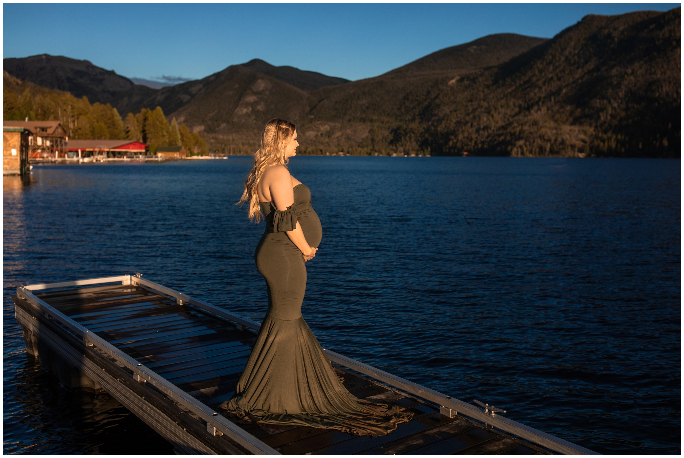 pregnancy portraits on the dock of a Colorado mountain lake 
