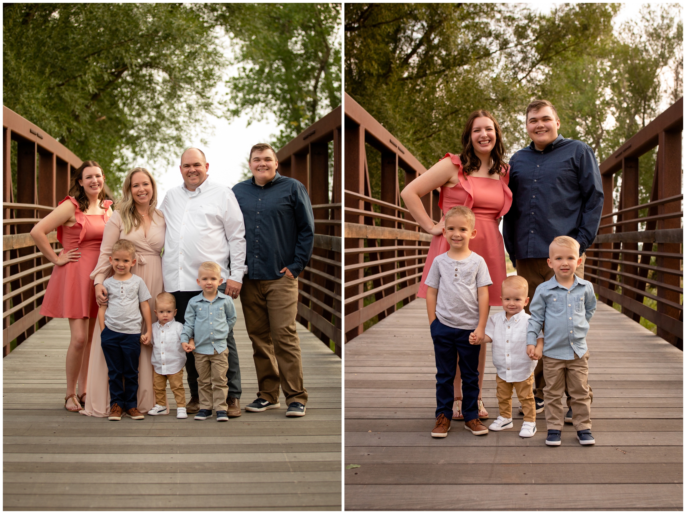 family posing on a bridge at Colorado ranch during portrait session by Plum Pretty Photography 