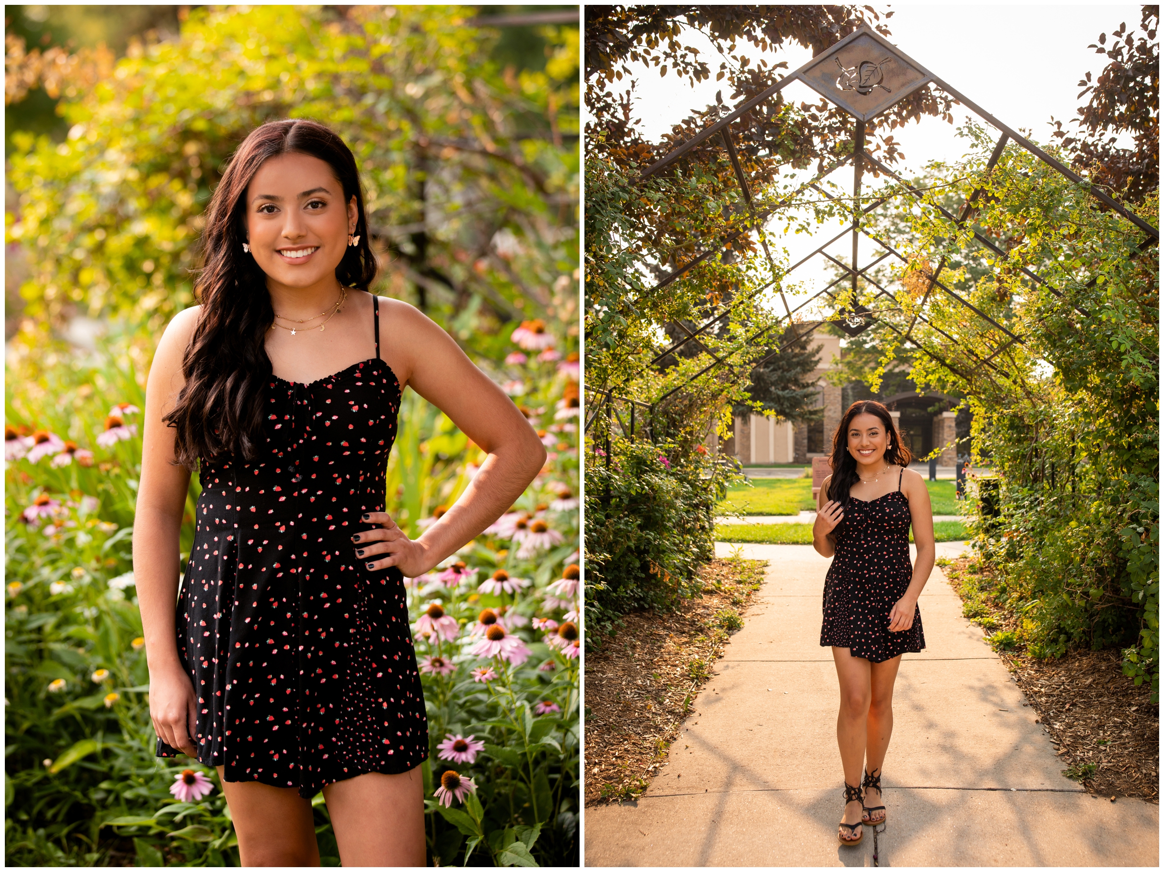 teen girl walking through rose gardens during Longmont Colorado senior photography session 
