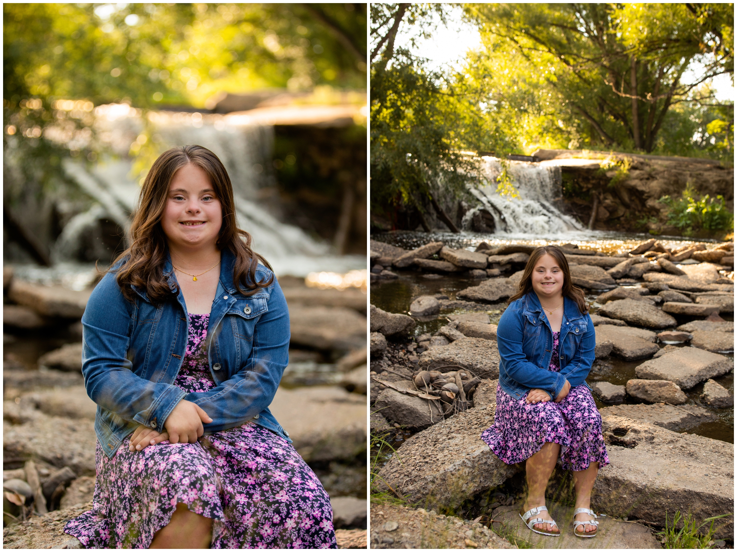 Teen posing by waterfall during senior photos in Longmont Colorado at golden ponds