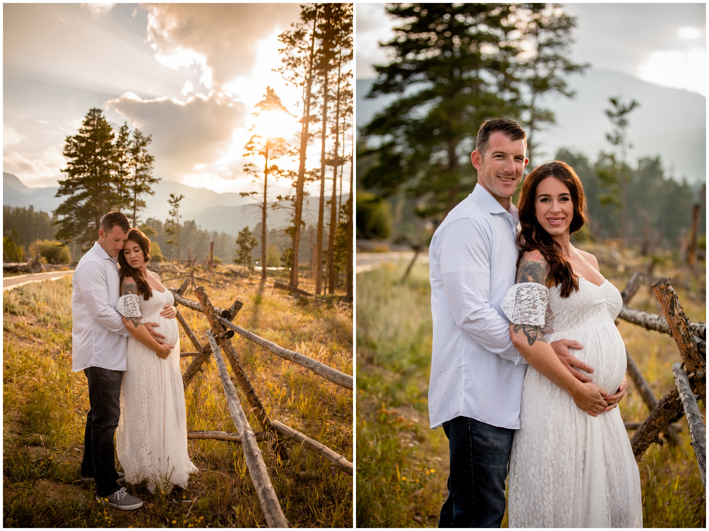 couple cuddling with mountains in background during Estes Park Colorado maternity portrait sessions 