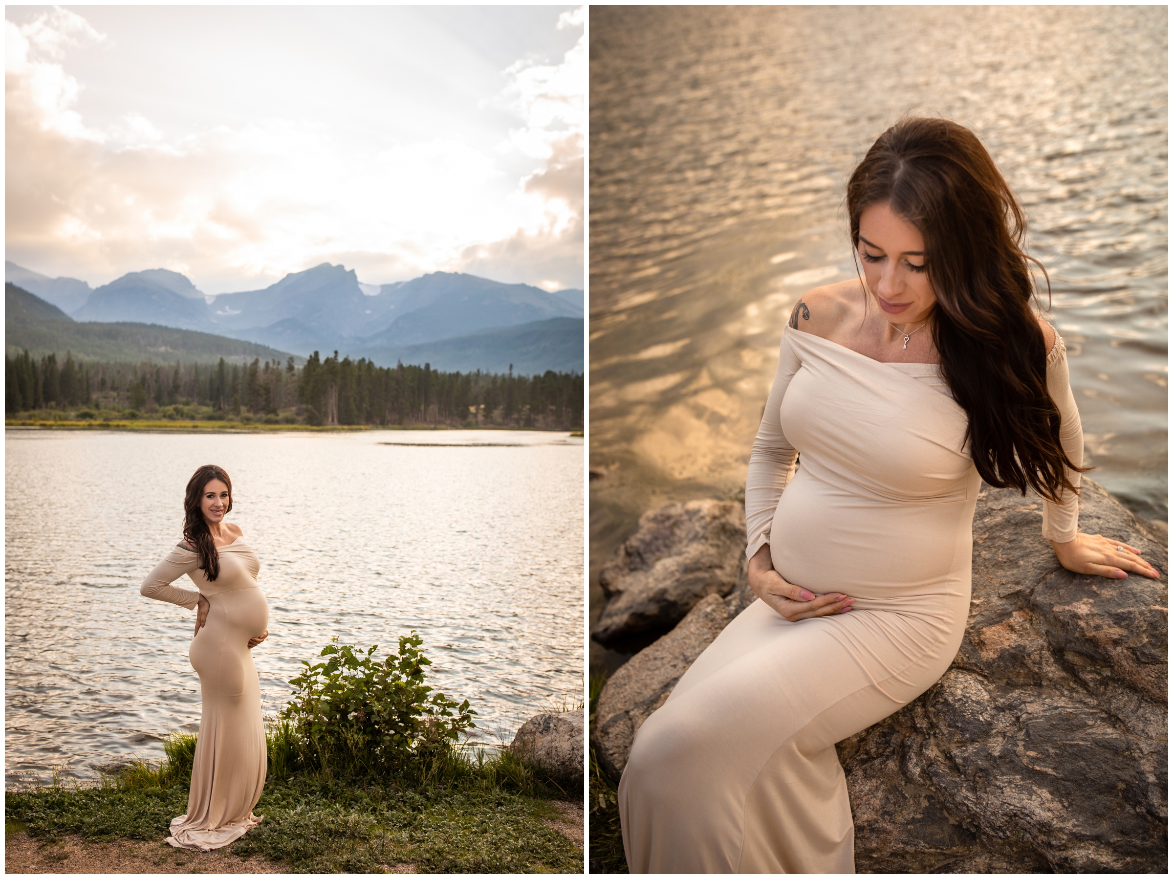 woman in beige maternity gown posing with mountains in background during Colorado mountain maternity pictures in Estes Park CO
